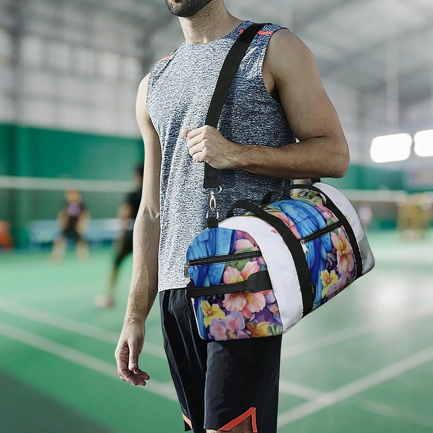 Gym Bags Small Blue Parrot in Flowers Duffel Bag Overnight Bag with Shoe Compartment Carryon Bag for Men Women