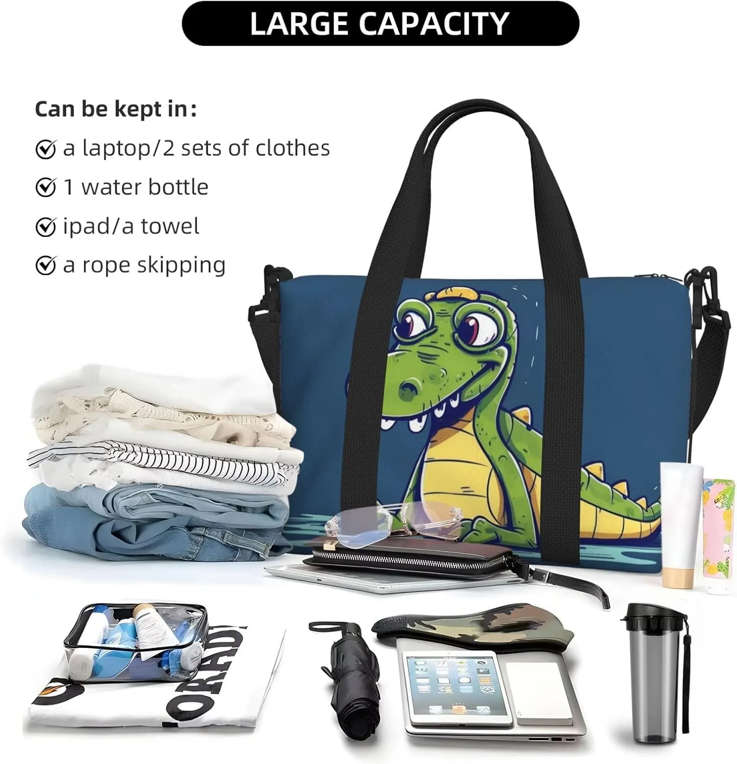 Gym Bags Small Cartoon crocodile Duffel Bag Overnight Bag with Shoe Compartment Carryon Bag for Men Women
