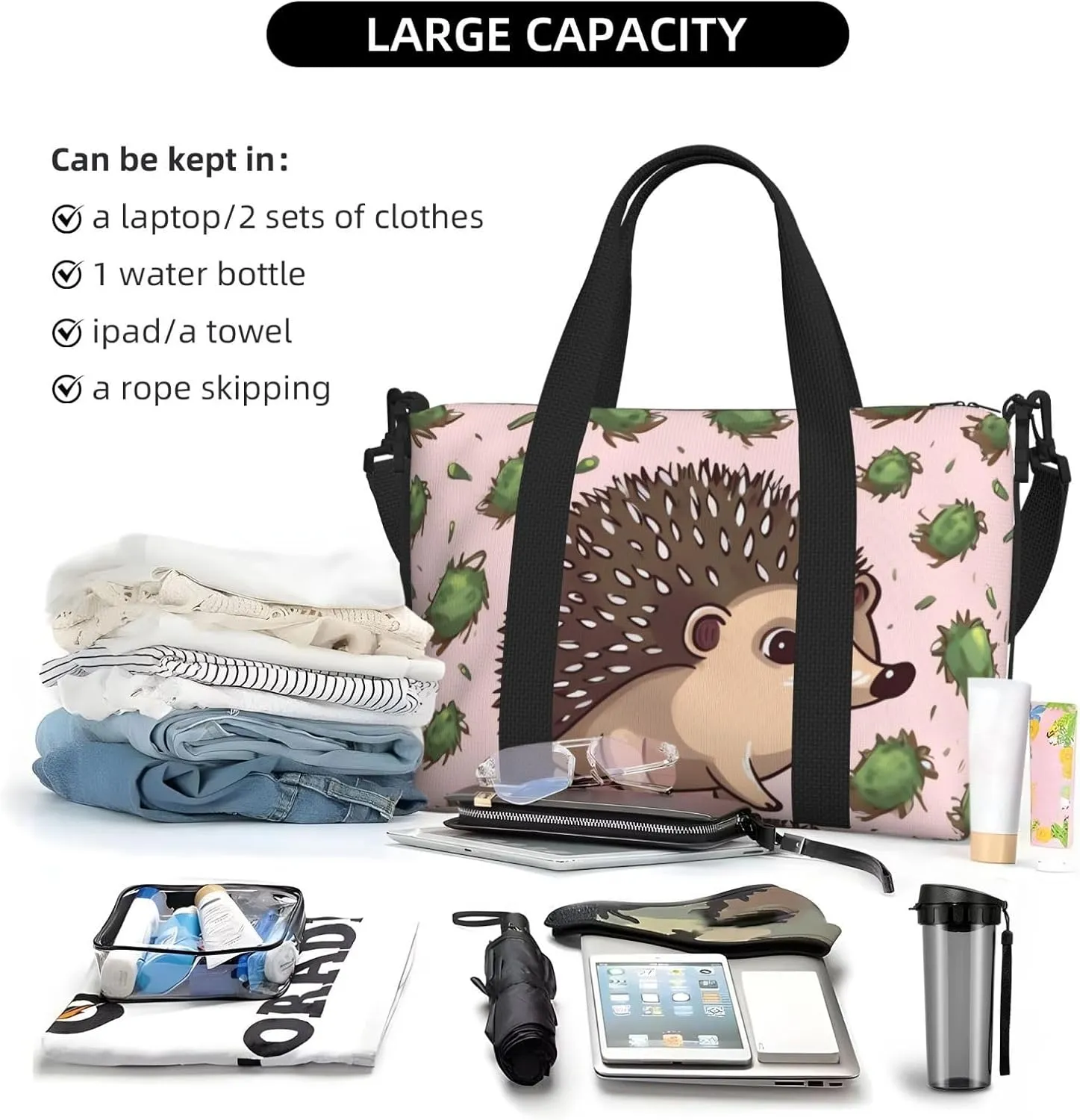 Gym Bags Small Cartoon hedgehog Duffel Bag Overnight Bag with Shoe Compartment Carryon Bag for Men Women