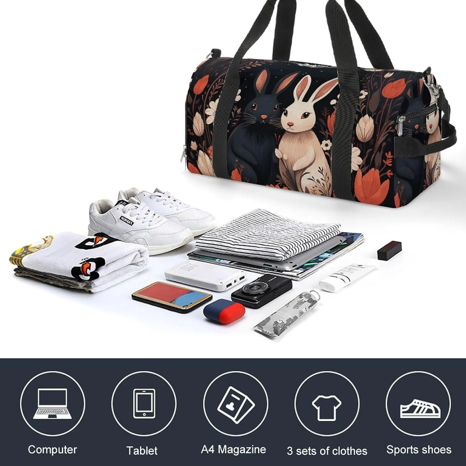 Gym Bags Small Cartoon Rabbit Couple Duffel Bag Overnight Bag with Shoe Compartment Carryon Bag for Men Women