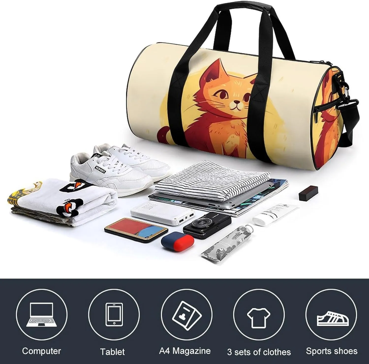Gym Bags Small Cat Drawing Duffel Bag Overnight Bag with Shoe Compartment Carryon Bag for Men Women
