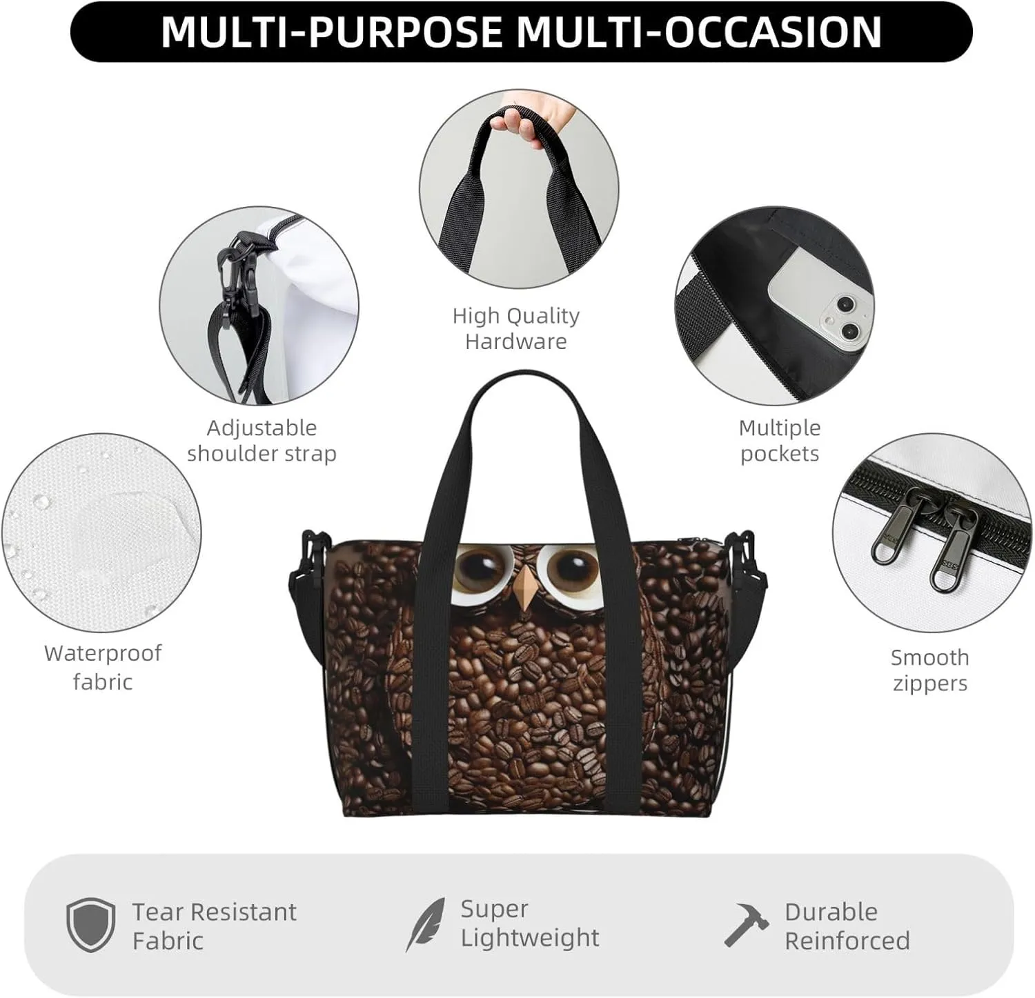 Gym Bags Small Coffee bean owl Duffel Bag Overnight Bag with Shoe Compartment Carryon Bag for Men Women