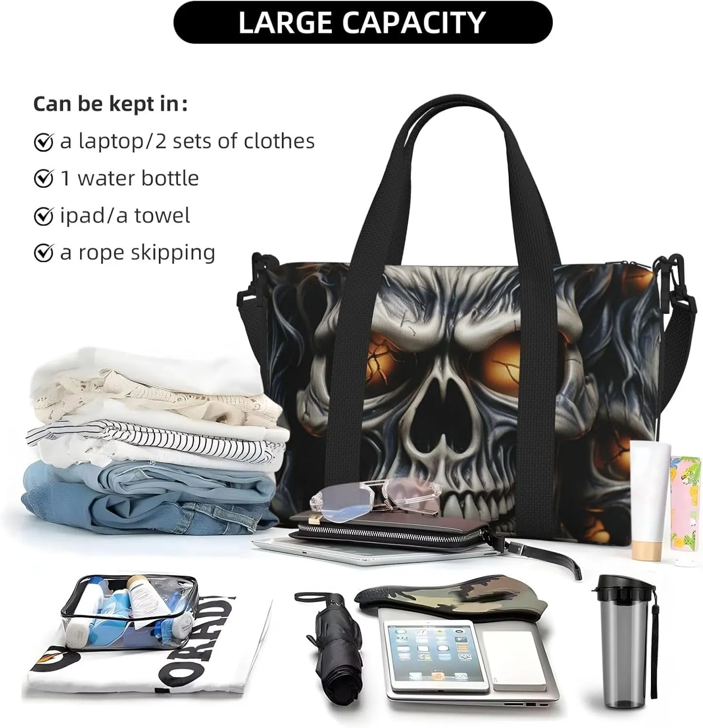 Gym Bags Small Cool Evil Skull Duffel Bag Overnight Bag with Shoe Compartment Carryon Bag for Men Women