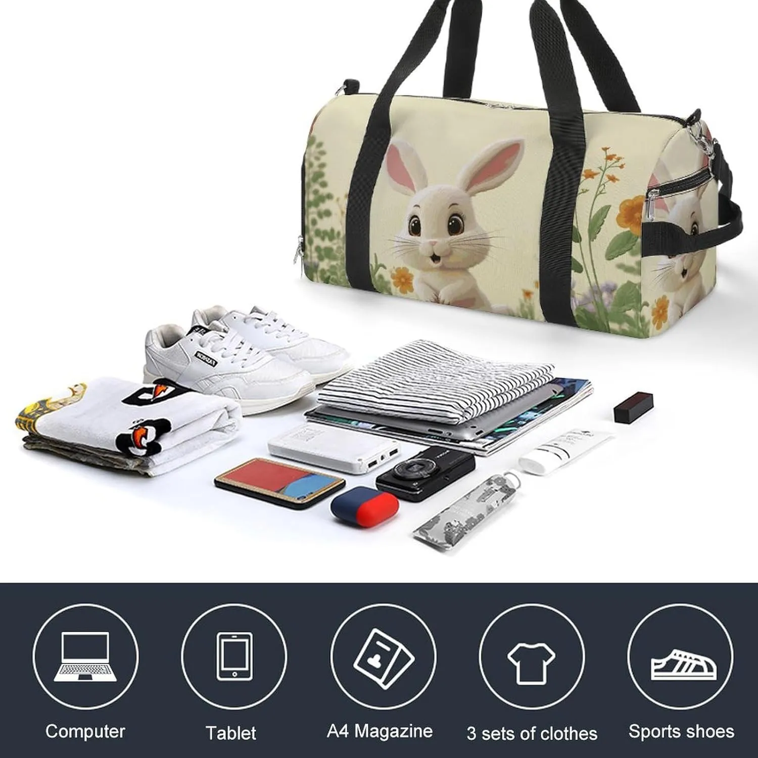 Gym Bags Small Cute Bunny Duffel Bag Overnight Bag with Shoe Compartment Carryon Bag for Men Women