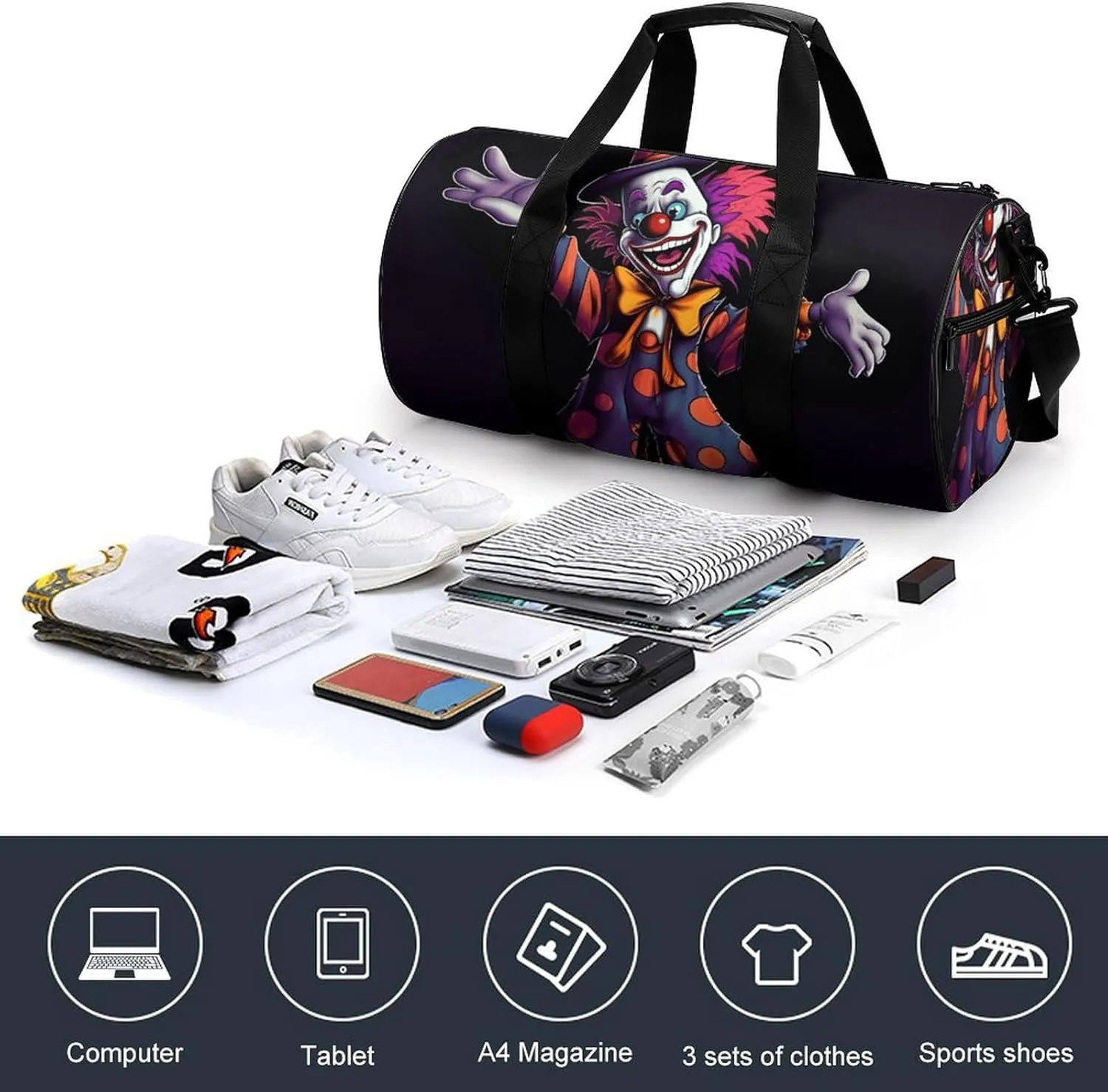 Gym Bags Small Cute Cartoon Clown Duffel Bag Overnight Bag with Shoe Compartment Carryon Bag for Men Women