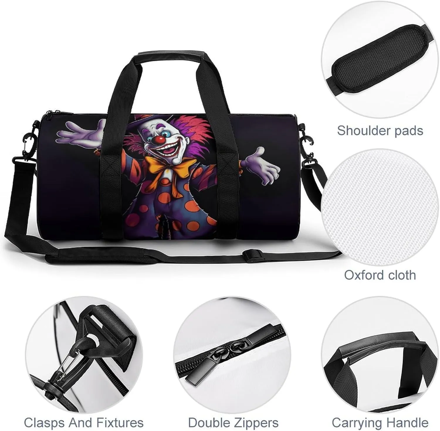 Gym Bags Small Cute Cartoon Clown Duffel Bag Overnight Bag with Shoe Compartment Carryon Bag for Men Women