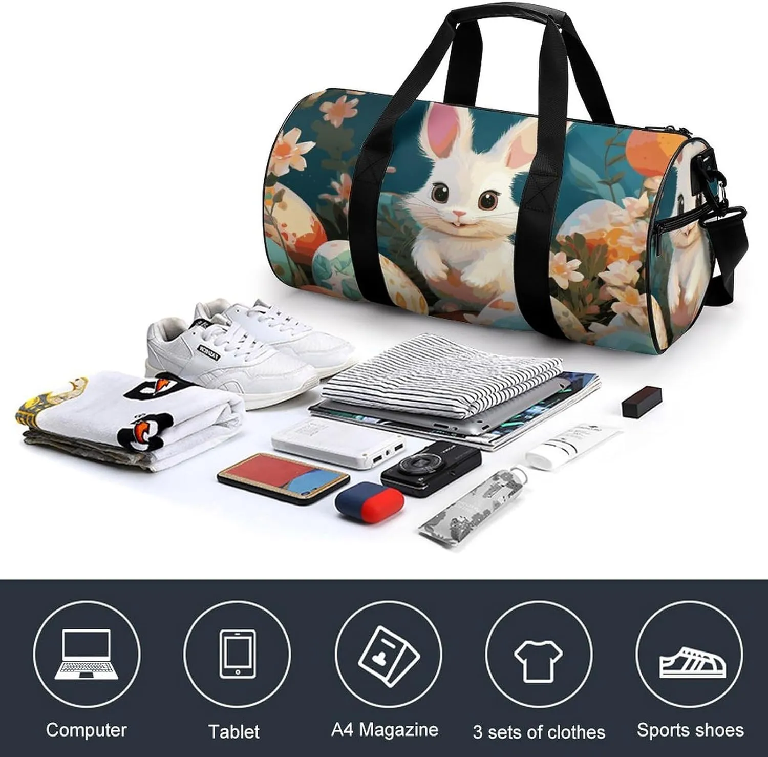 Gym Bags Small Cute Easter Bunny Duffel Bag Overnight Bag with Shoe Compartment Carryon Bag for Men Women