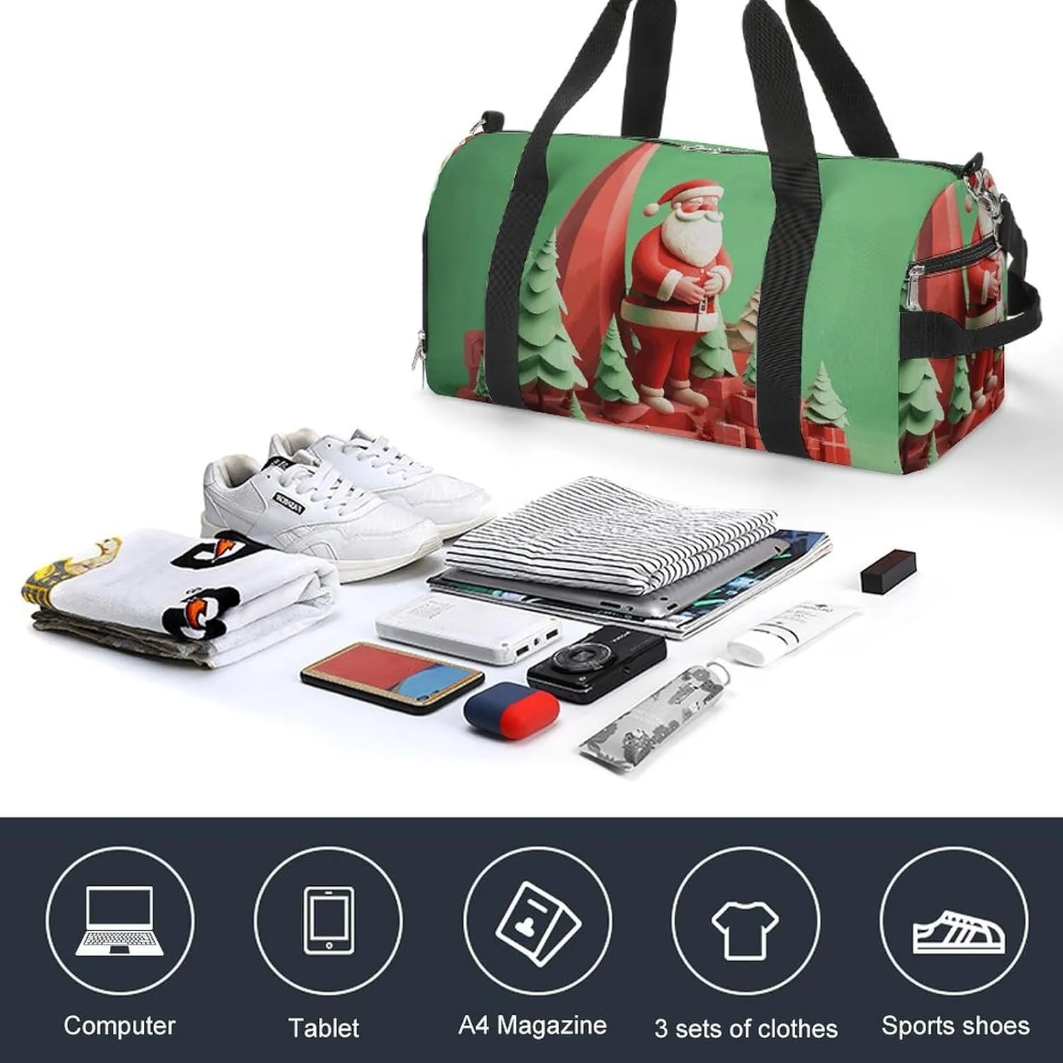 Gym Bags Small Cute Santa Claus Duffel Bag Overnight Bag with Shoe Compartment Carryon Bag for Men Women