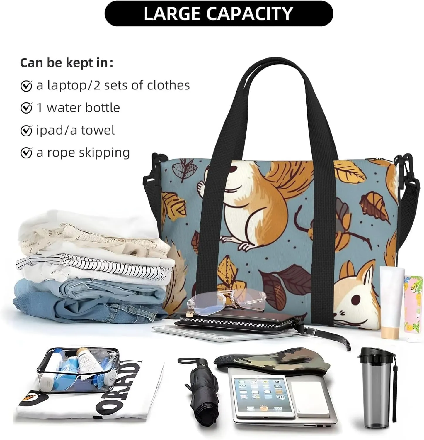 Gym Bags Small Cute Squirrel Duffel Bag Overnight Bag with Shoe Compartment Carryon Bag for Men Women