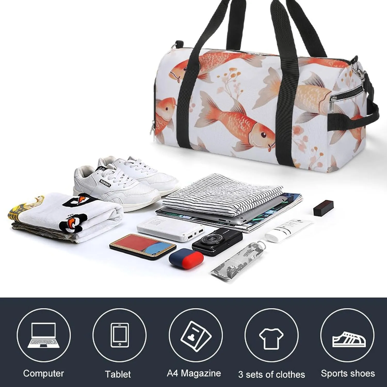 Gym Bags Small Fish Duffel Bag Overnight Bag with Shoe Compartment Carryon Bag for Men Women