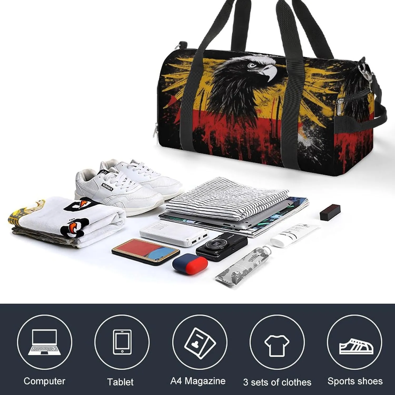 Gym Bags Small Germany Flag Eagle Duffel Bag Overnight Bag with Shoe Compartment Carryon Bag for Men Women