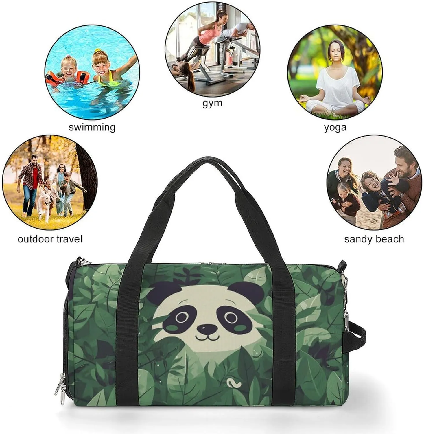 Gym Bags Small Green Leaves Panda Pattern Duffel Bag Overnight Bag with Shoe Compartment Carryon Bag for Men Women
