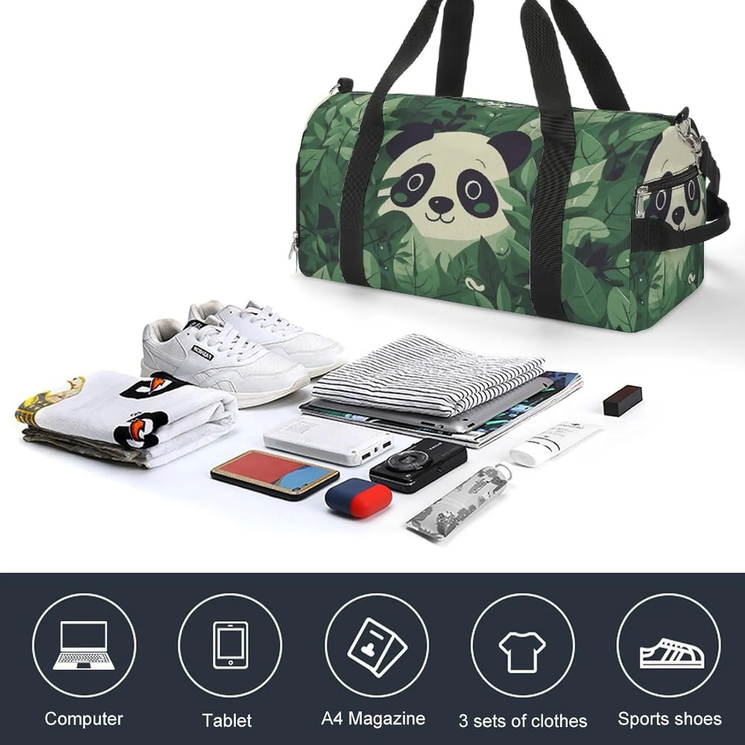 Gym Bags Small Green Leaves Panda Pattern Duffel Bag Overnight Bag with Shoe Compartment Carryon Bag for Men Women