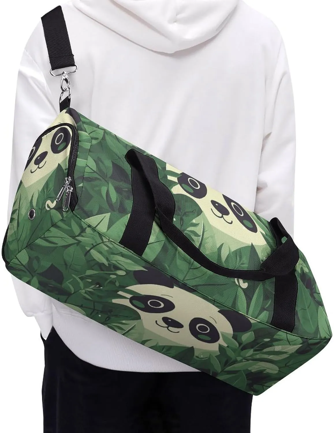 Gym Bags Small Green Leaves Panda Pattern Duffel Bag Overnight Bag with Shoe Compartment Carryon Bag for Men Women