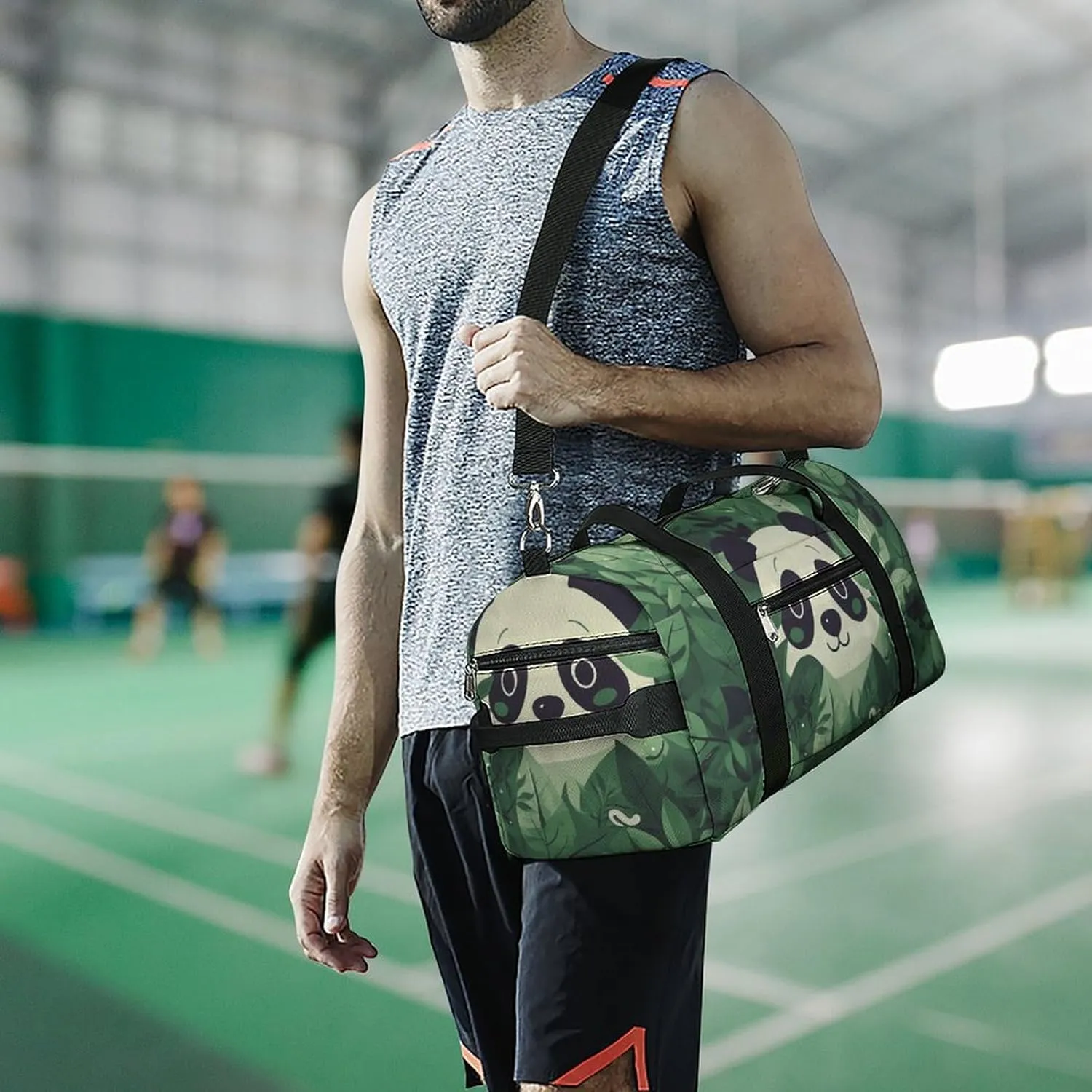 Gym Bags Small Green Leaves Panda Pattern Duffel Bag Overnight Bag with Shoe Compartment Carryon Bag for Men Women