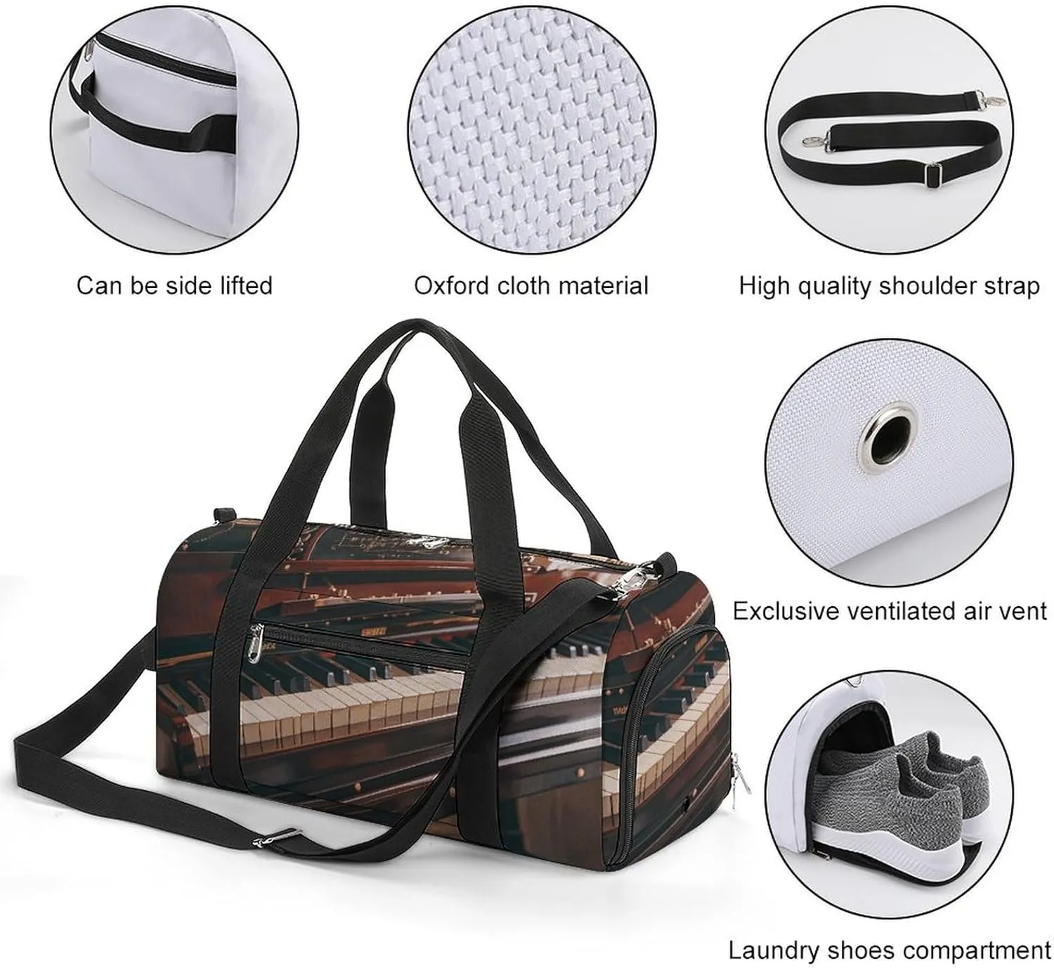 Gym Bags Small Music Note Pianos Duffel Bag Overnight Bag with Shoe Compartment Carryon Bag for Men Women