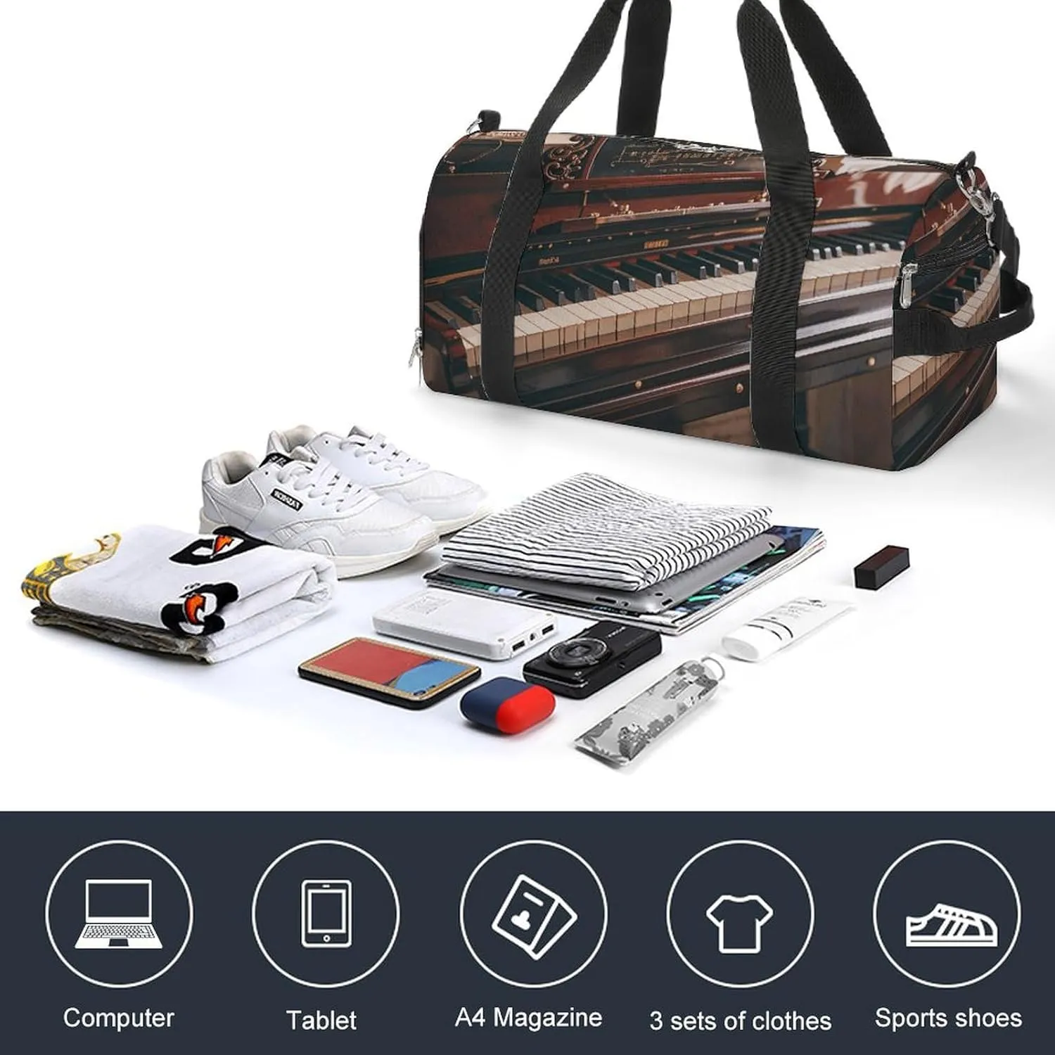 Gym Bags Small Music Note Pianos Duffel Bag Overnight Bag with Shoe Compartment Carryon Bag for Men Women