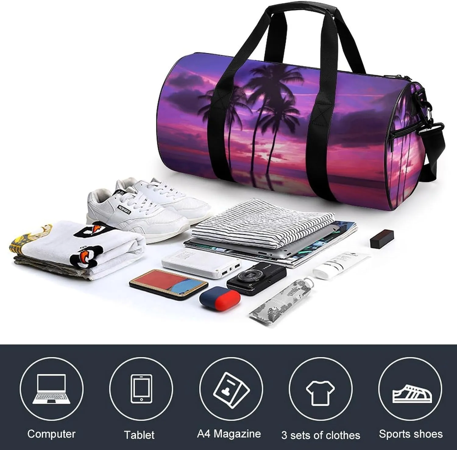 Gym Bags Small Palm Tree Purple Sunset Duffel Bag Overnight Bag with Shoe Compartment Carryon Bag for Men Women