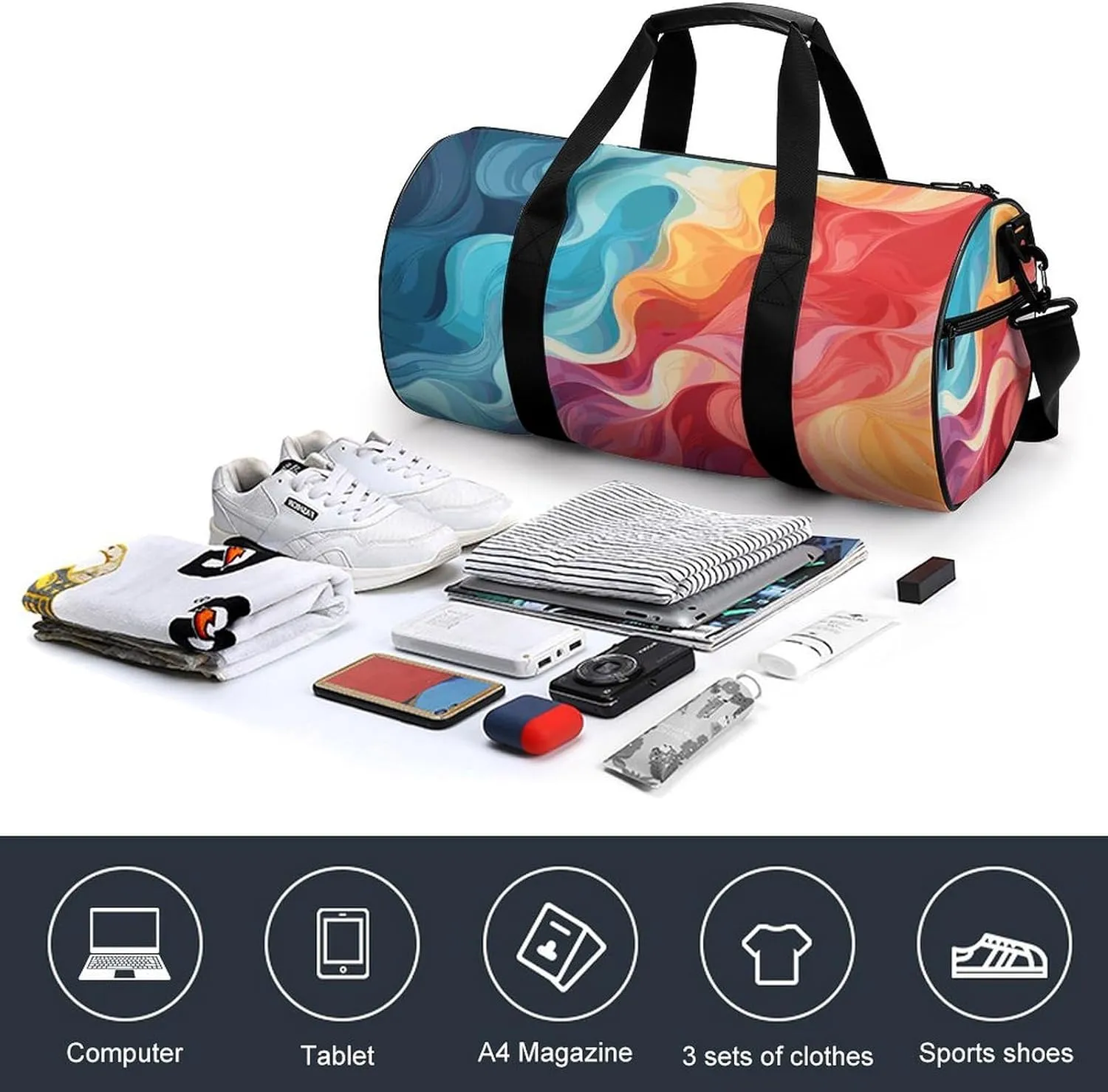 Gym Bags Small Rainbow Color Abstract Illustration Duffel Bag Overnight Bag with Shoe Compartment Carryon Bag for Men Women