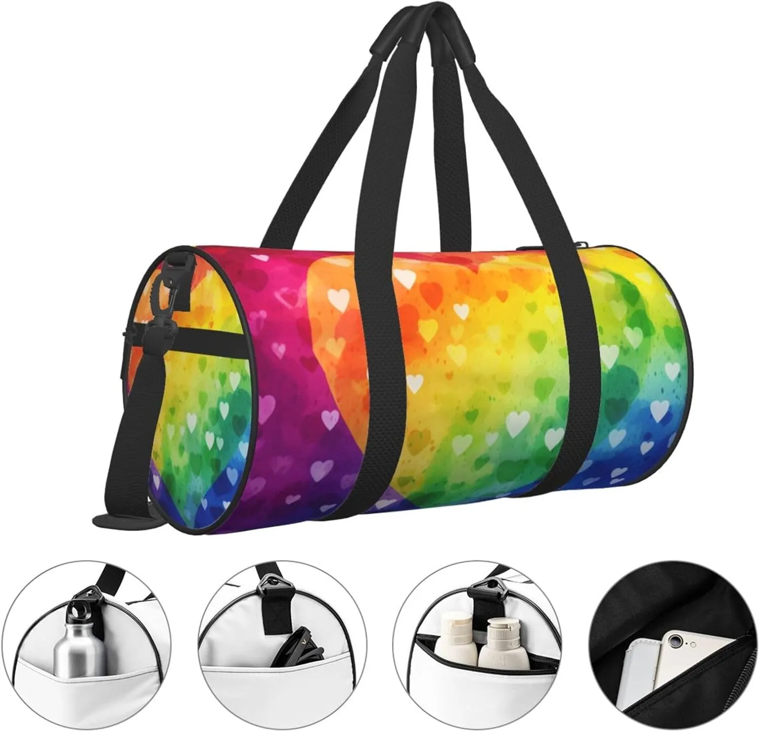Gym Bags Small Rainbow Love Heart Duffel Bag Overnight Bag with Shoe Compartment Carryon Bag for Men Women