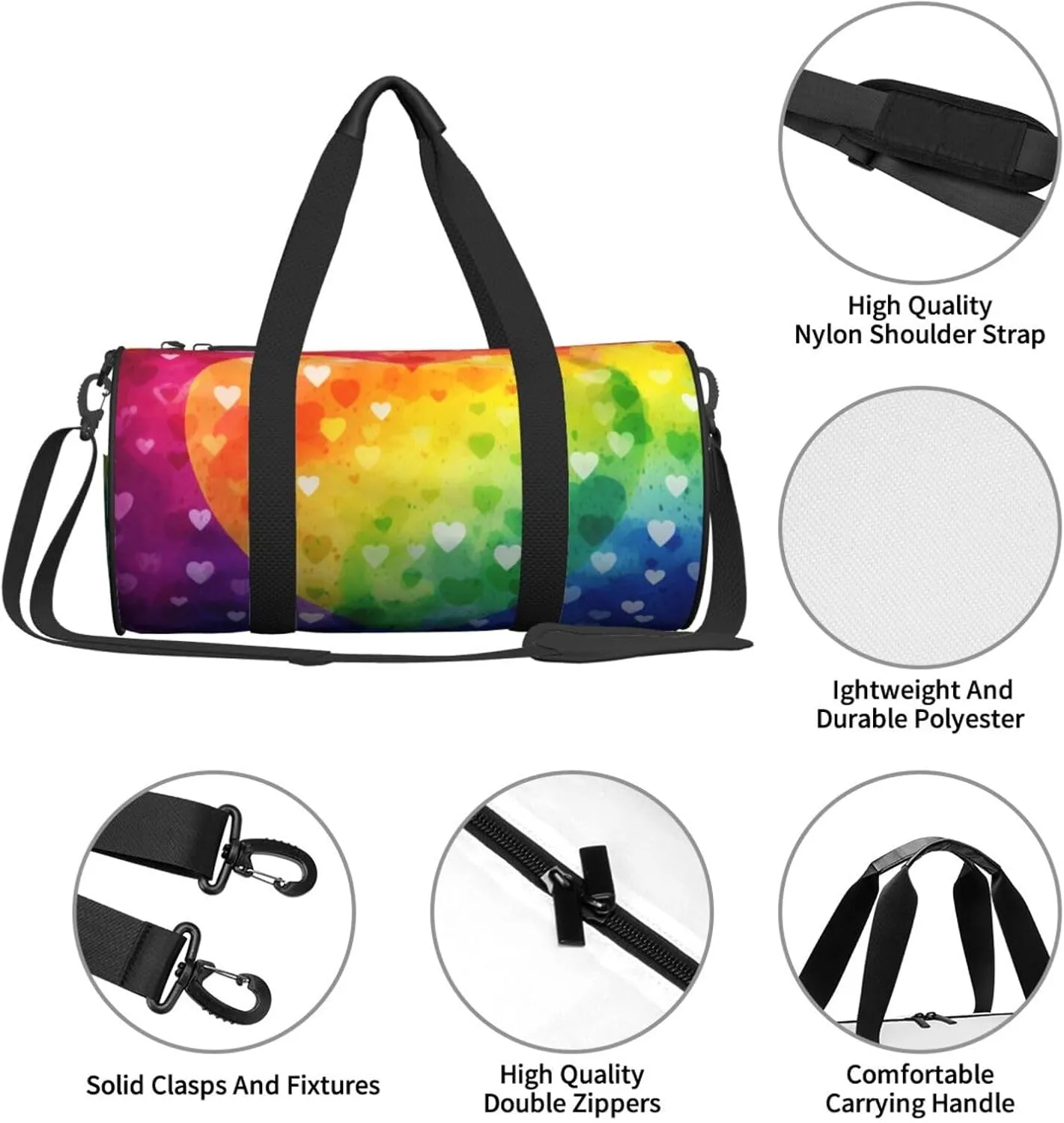 Gym Bags Small Rainbow Love Heart Duffel Bag Overnight Bag with Shoe Compartment Carryon Bag for Men Women