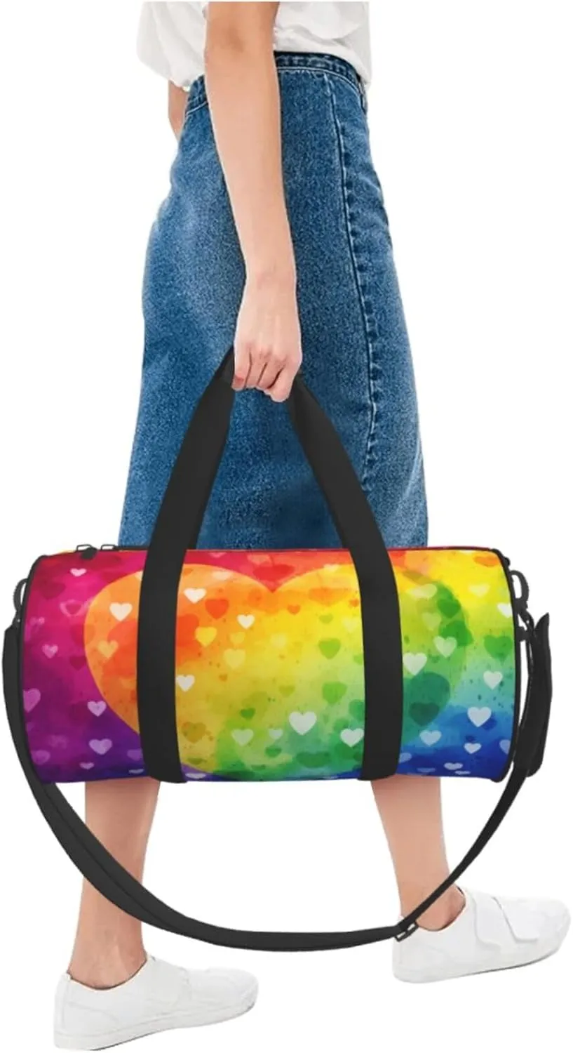 Gym Bags Small Rainbow Love Heart Duffel Bag Overnight Bag with Shoe Compartment Carryon Bag for Men Women