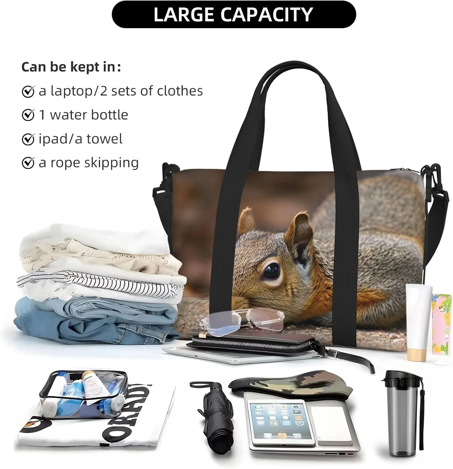 Gym Bags Small Squirrel Just Laying Duffel Bag Overnight Bag with Shoe Compartment Carryon Bag for Men Women