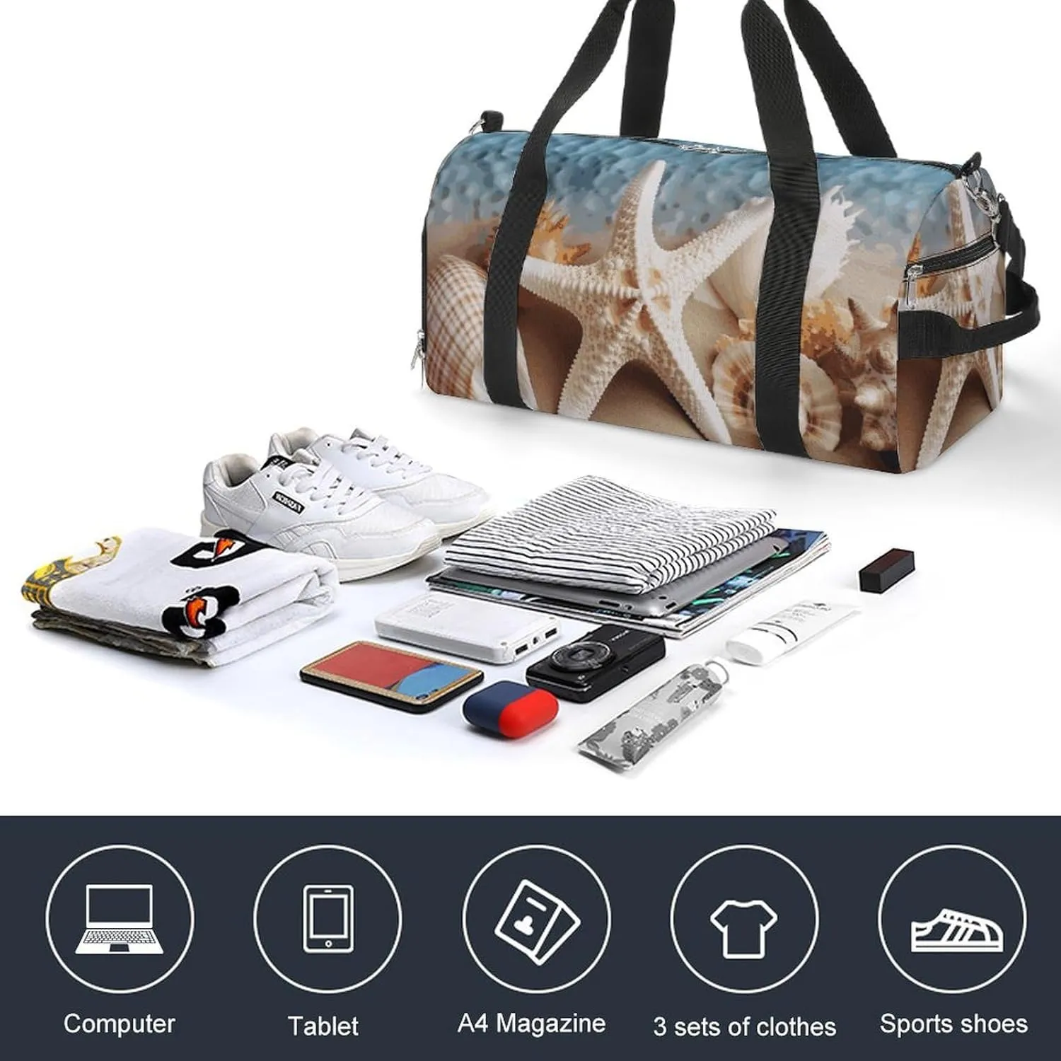 Gym Bags Small Starfish Coral And Seashell Duffel Bag Overnight Bag with Shoe Compartment Carryon Bag for Men Women