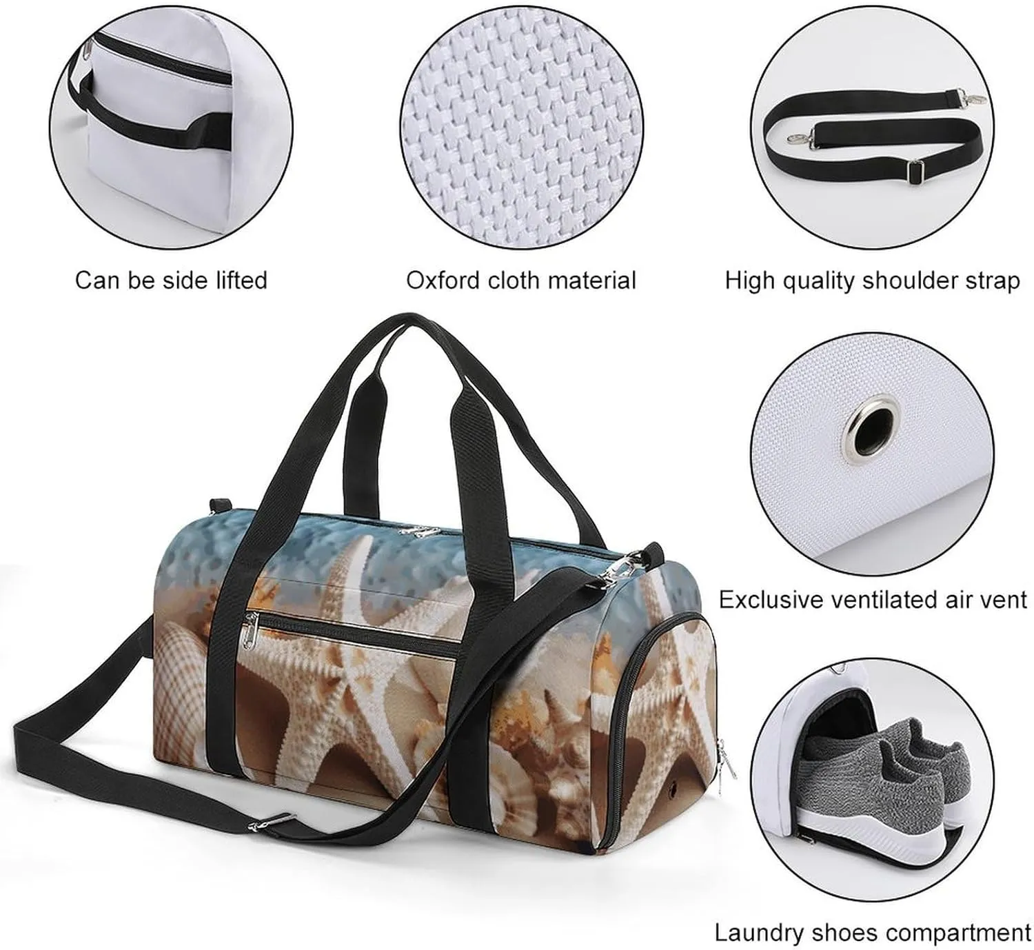Gym Bags Small Starfish Coral And Seashell Duffel Bag Overnight Bag with Shoe Compartment Carryon Bag for Men Women