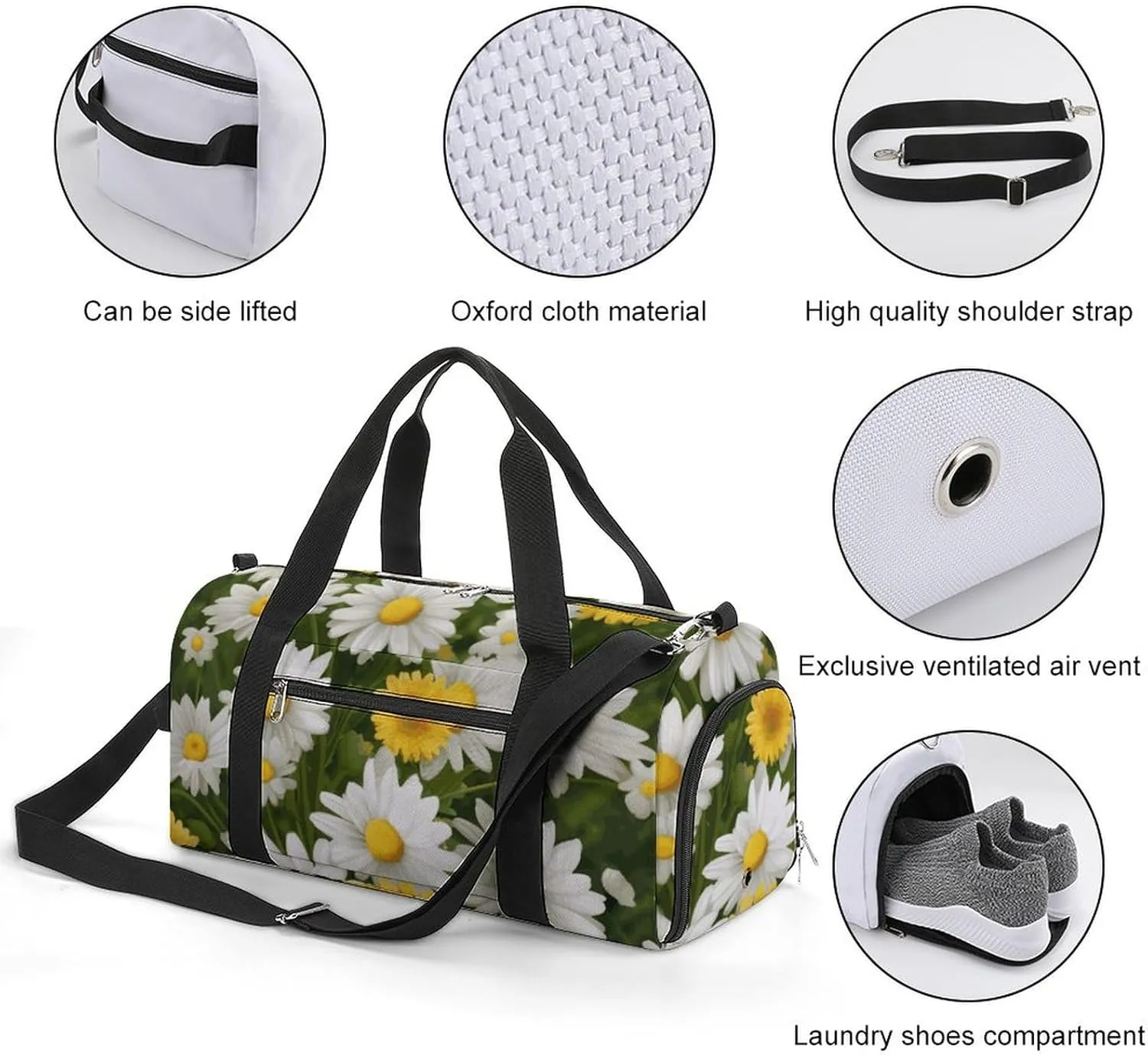 Gym Bags Small Summer Floral Daisies Flower Duffel Bag Overnight Bag with Shoe Compartment Carryon Bag for Men Women