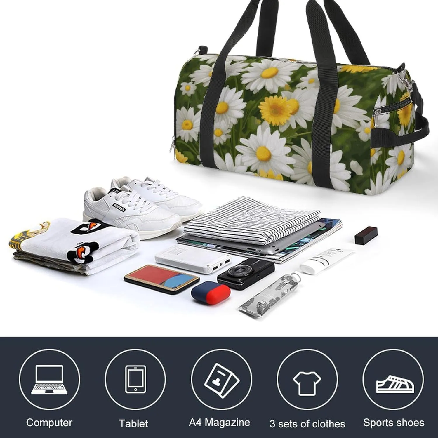 Gym Bags Small Summer Floral Daisies Flower Duffel Bag Overnight Bag with Shoe Compartment Carryon Bag for Men Women
