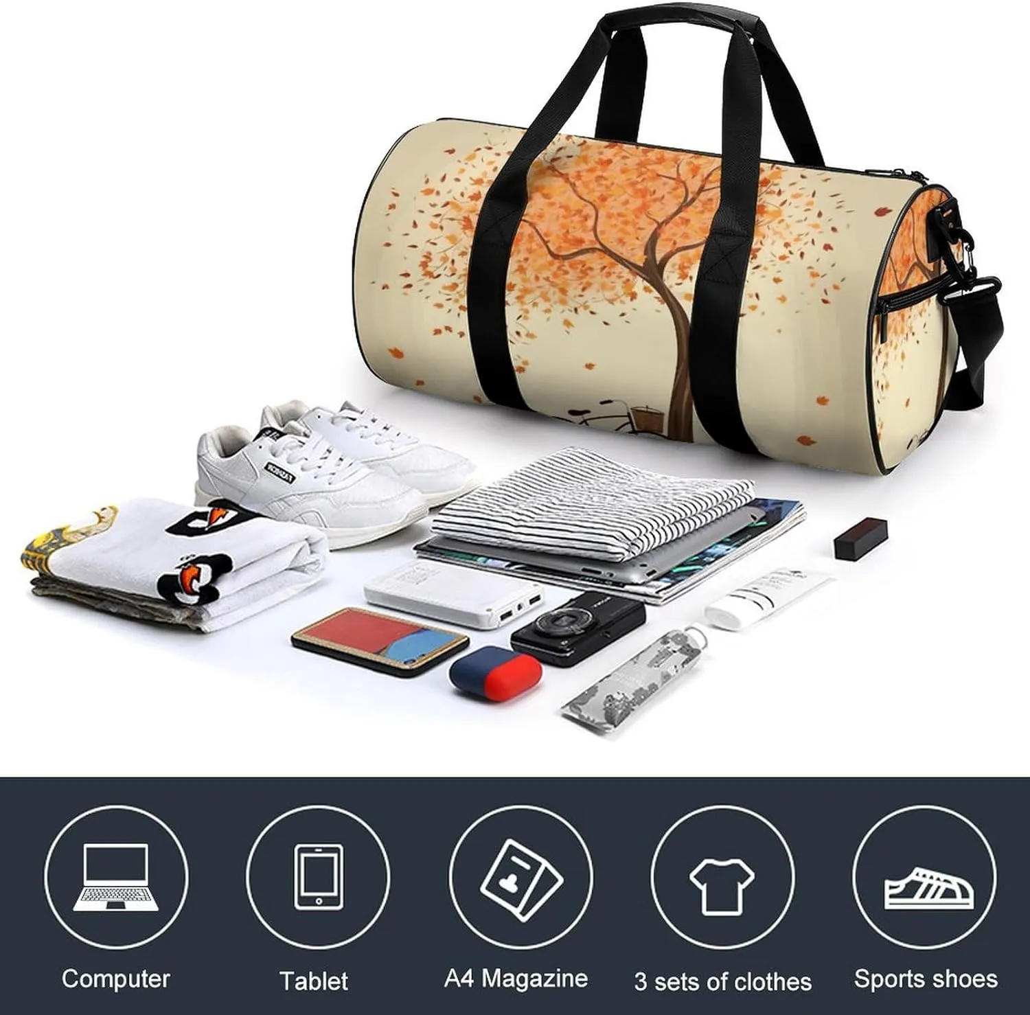 Gym Bags Small Tree Autumn Falling And Bicycle Duffel Bag Overnight Bag with Shoe Compartment Carryon Bag for Men Women