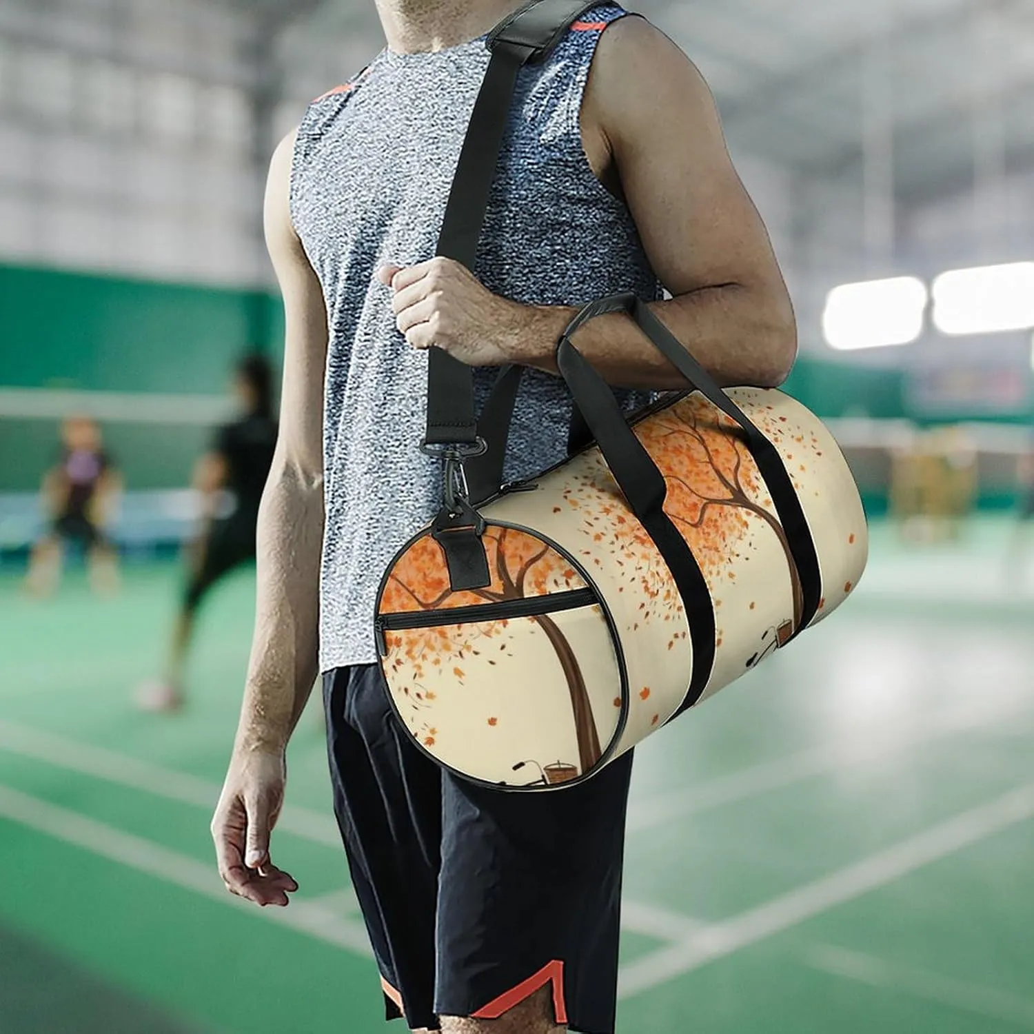 Gym Bags Small Tree Autumn Falling And Bicycle Duffel Bag Overnight Bag with Shoe Compartment Carryon Bag for Men Women