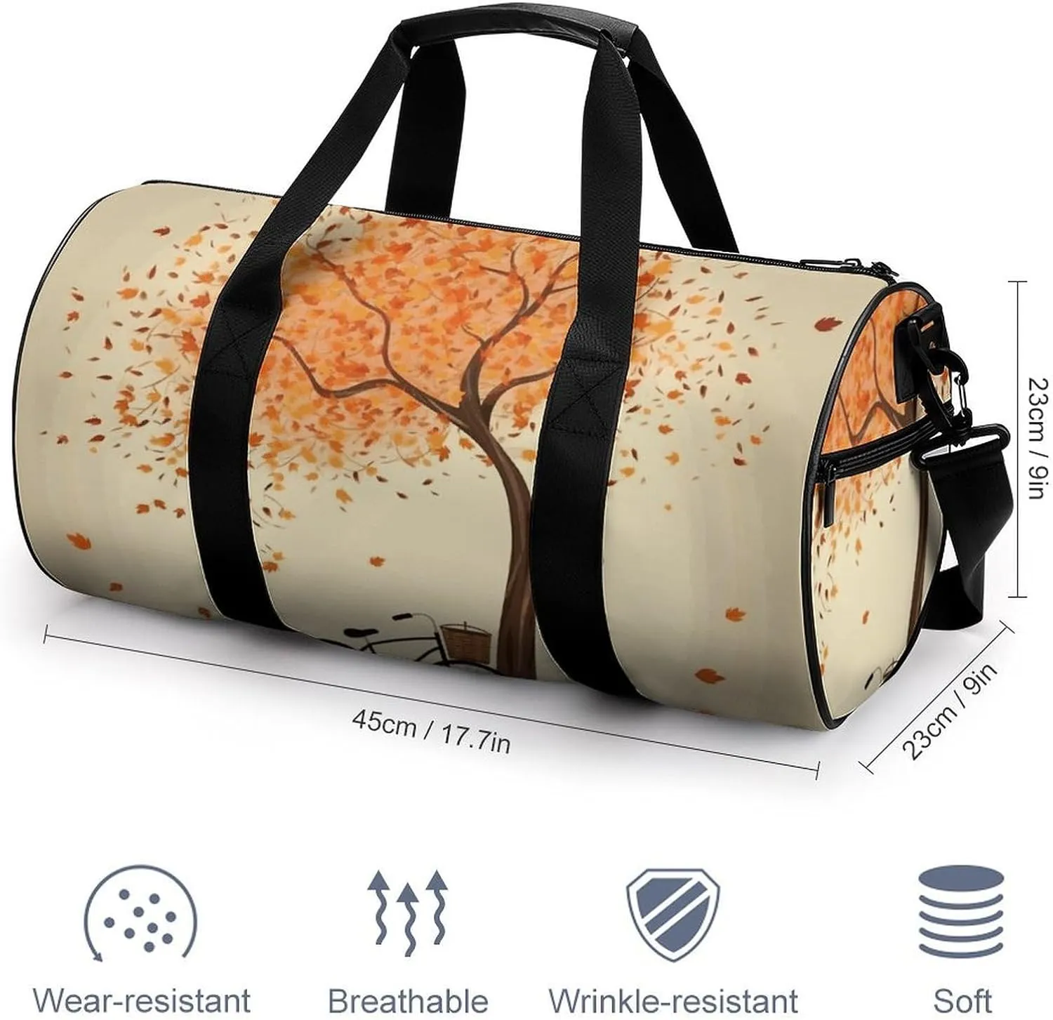 Gym Bags Small Tree Autumn Falling And Bicycle Duffel Bag Overnight Bag with Shoe Compartment Carryon Bag for Men Women