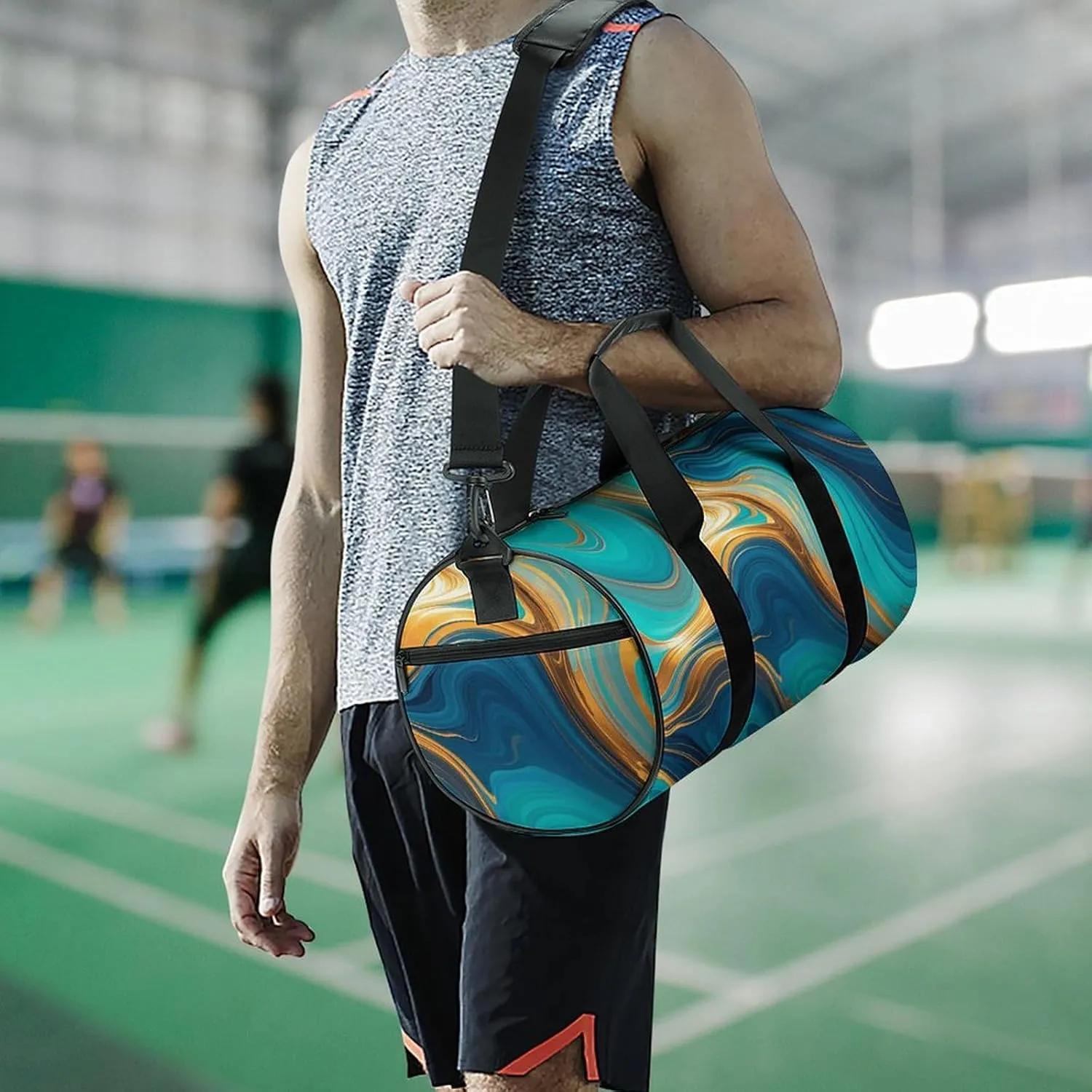 Gym Bags Small Turquoise Blue Gold Marble Duffel Bag Overnight Bag with Shoe Compartment Carryon Bag for Men Women