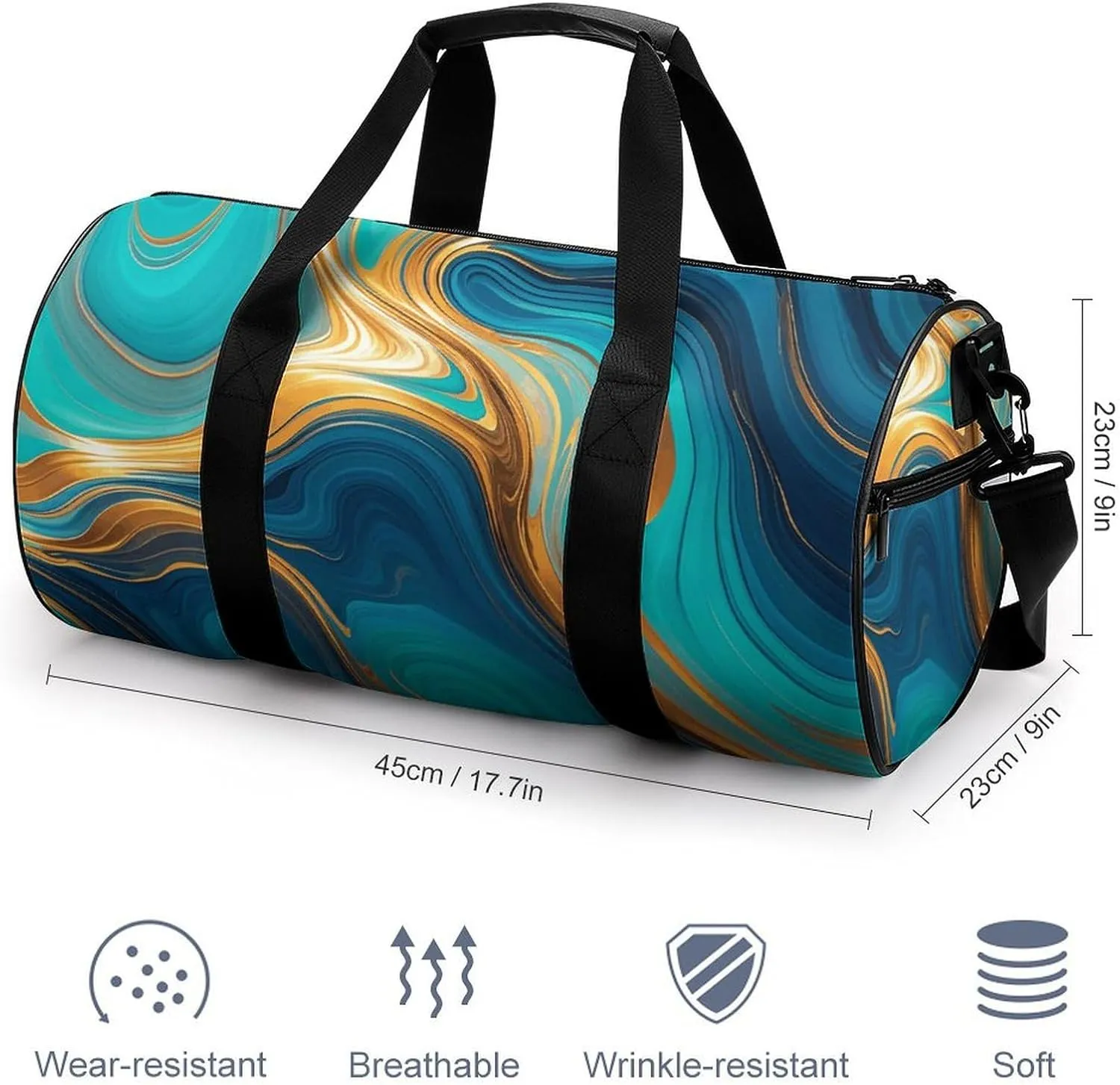 Gym Bags Small Turquoise Blue Gold Marble Duffel Bag Overnight Bag with Shoe Compartment Carryon Bag for Men Women