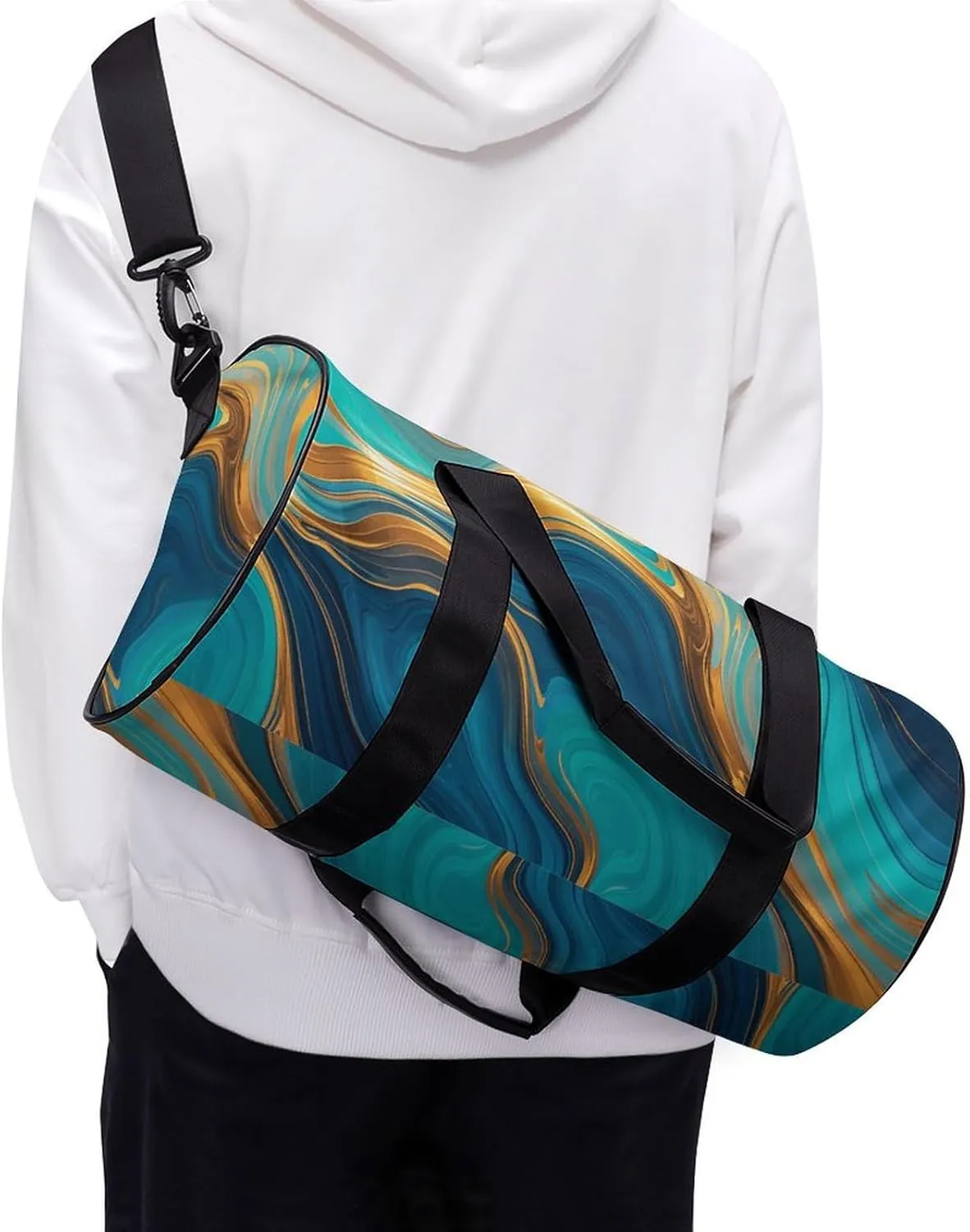 Gym Bags Small Turquoise Blue Gold Marble Duffel Bag Overnight Bag with Shoe Compartment Carryon Bag for Men Women