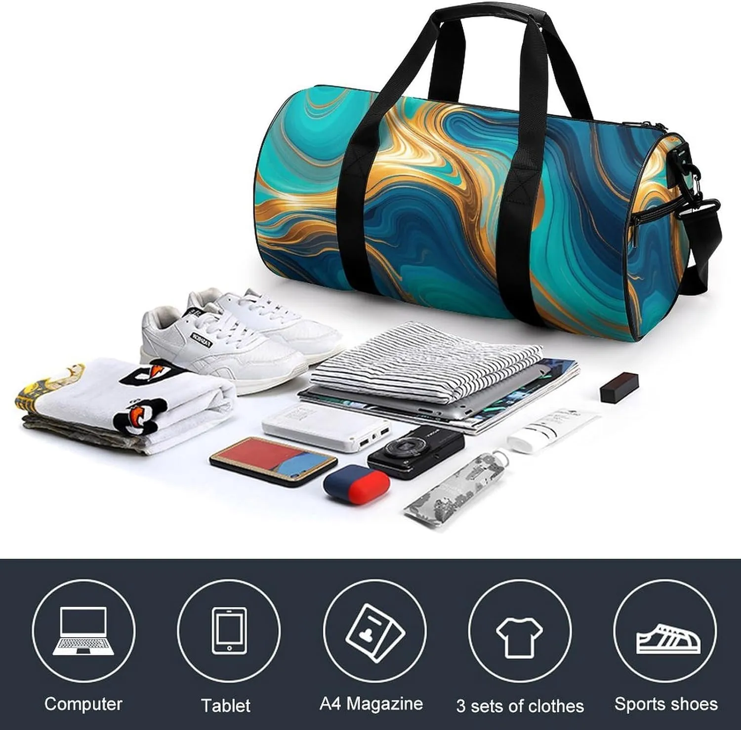 Gym Bags Small Turquoise Blue Gold Marble Duffel Bag Overnight Bag with Shoe Compartment Carryon Bag for Men Women