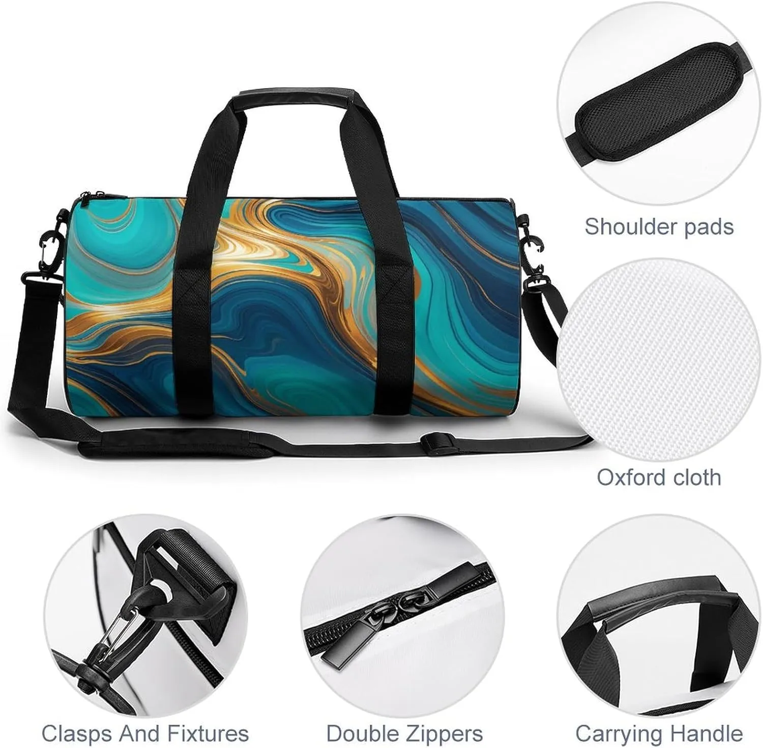 Gym Bags Small Turquoise Blue Gold Marble Duffel Bag Overnight Bag with Shoe Compartment Carryon Bag for Men Women