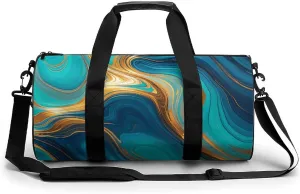 Gym Bags Small Turquoise Blue Gold Marble Duffel Bag Overnight Bag with Shoe Compartment Carryon Bag for Men Women