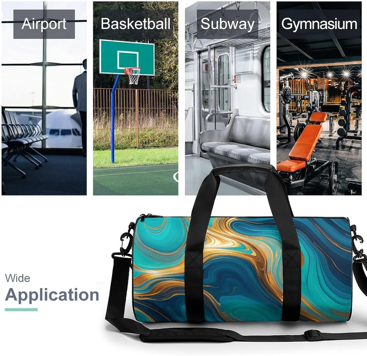 Gym Bags Small Turquoise Blue Gold Marble Duffel Bag Overnight Bag with Shoe Compartment Carryon Bag for Men Women