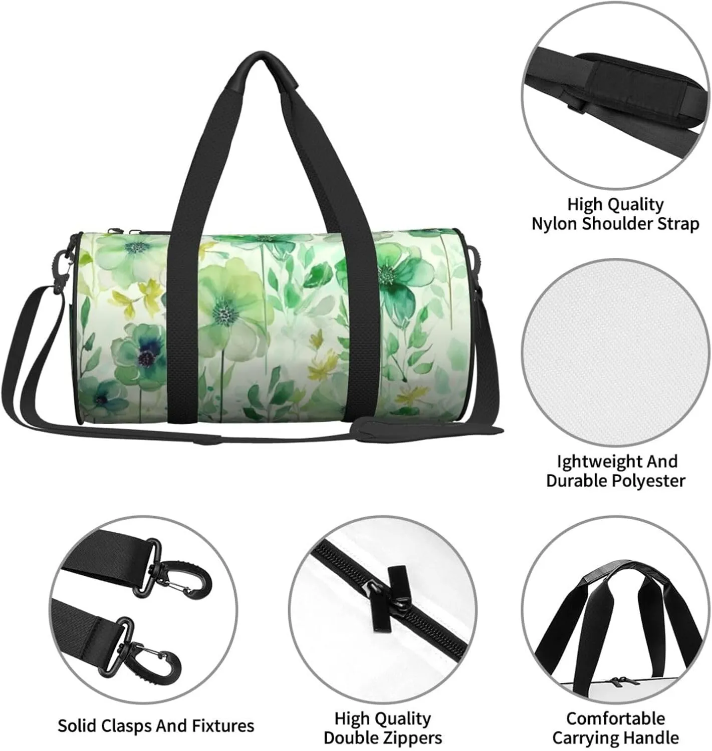 Gym Bags Small Watercolor green flowers Duffel Bag Overnight Bag with Shoe Compartment Carryon Bag for Men Women