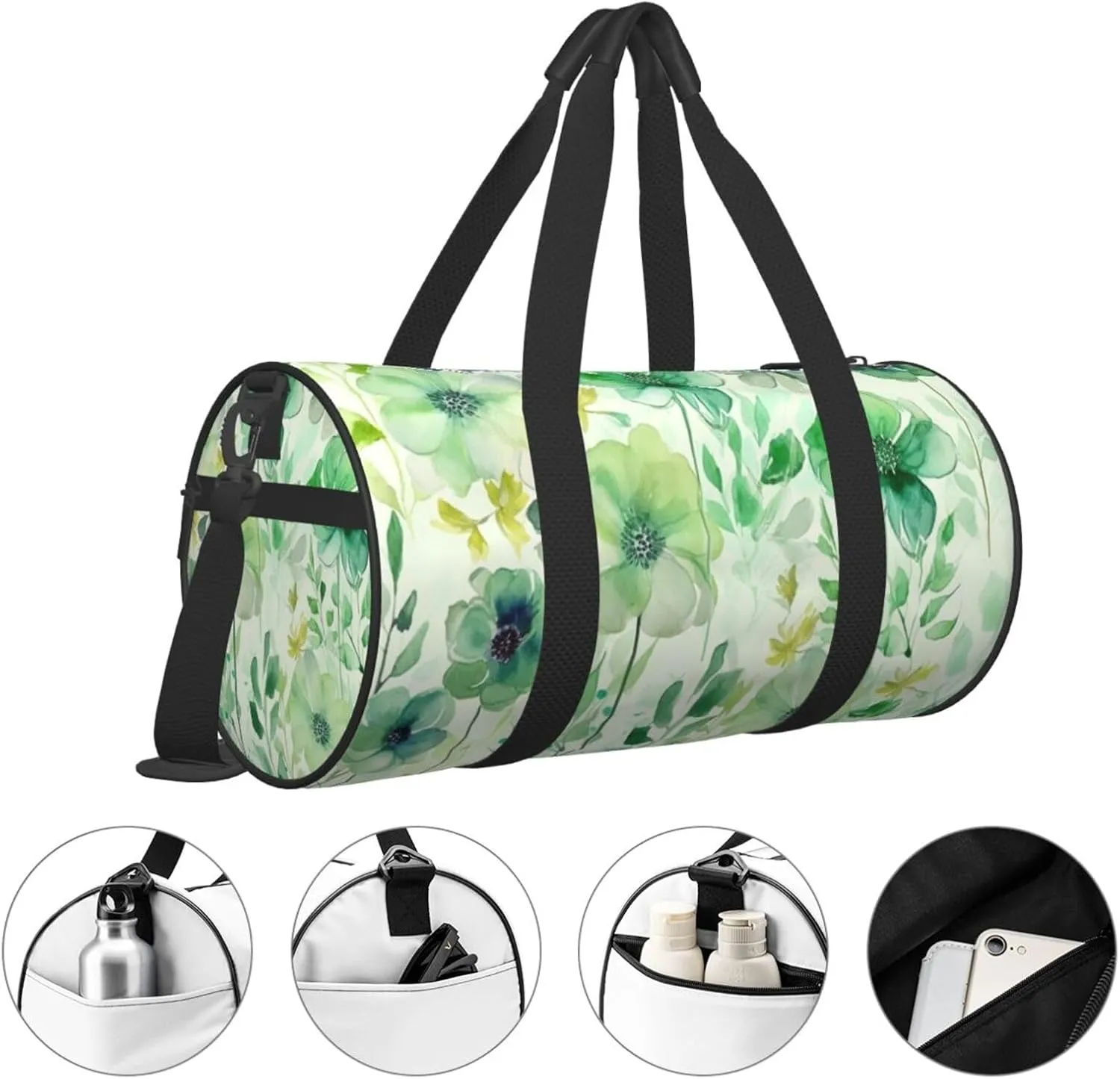 Gym Bags Small Watercolor green flowers Duffel Bag Overnight Bag with Shoe Compartment Carryon Bag for Men Women