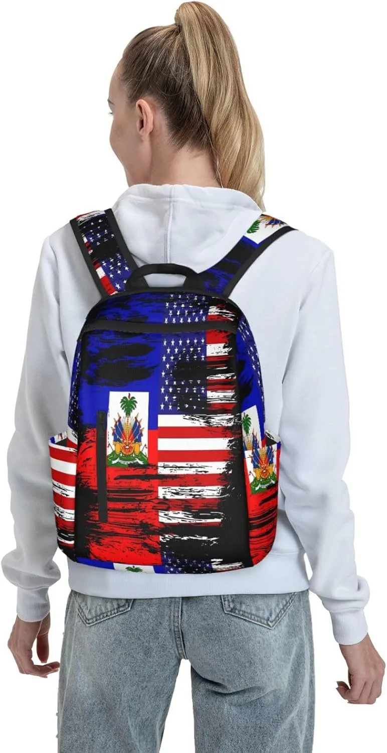 Haiti Haitian American Flag Casual Backpacks Large Capacity Laptop Backpack Sports Fitness Rucksack Travel Carry-On Daypack Work Bag for Outdoor Camping