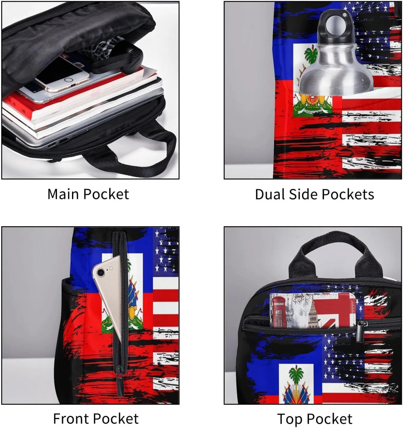 Haiti Haitian American Flag Casual Backpacks Large Capacity Laptop Backpack Sports Fitness Rucksack Travel Carry-On Daypack Work Bag for Outdoor Camping