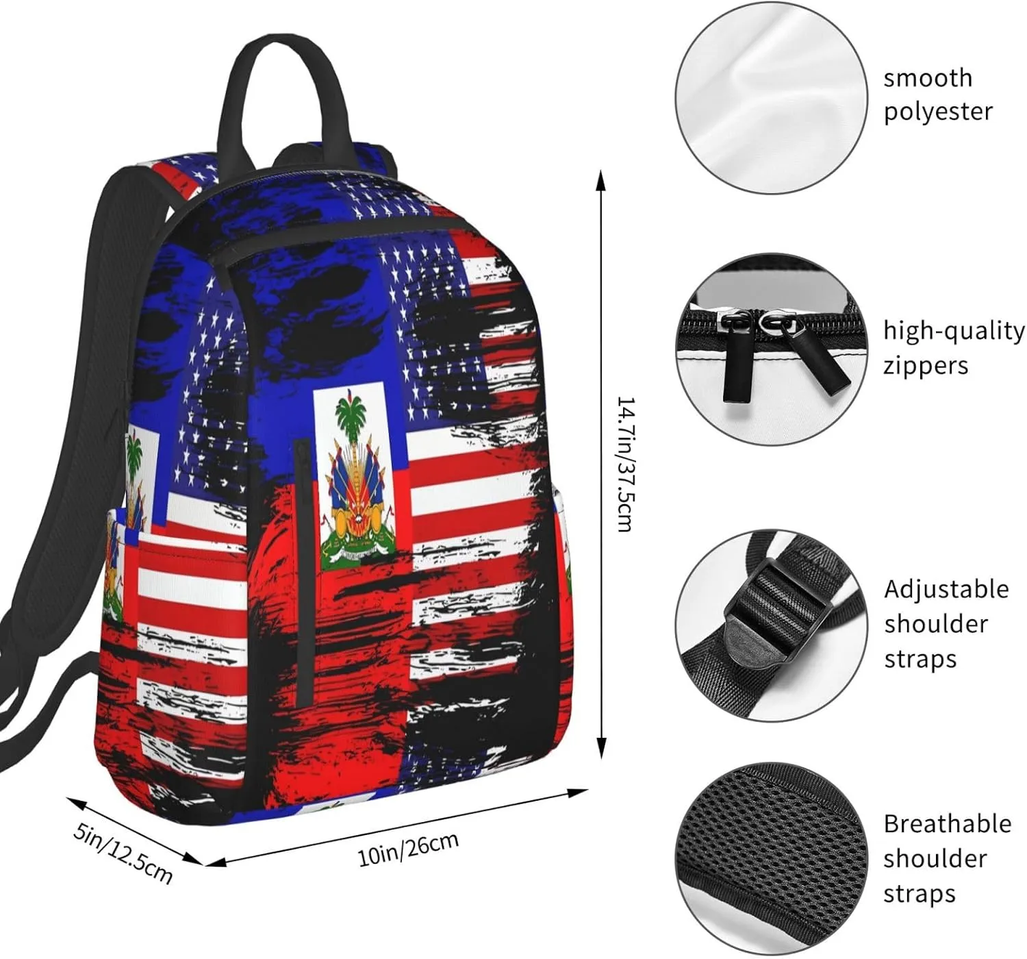 Haiti Haitian American Flag Casual Backpacks Large Capacity Laptop Backpack Sports Fitness Rucksack Travel Carry-On Daypack Work Bag for Outdoor Camping