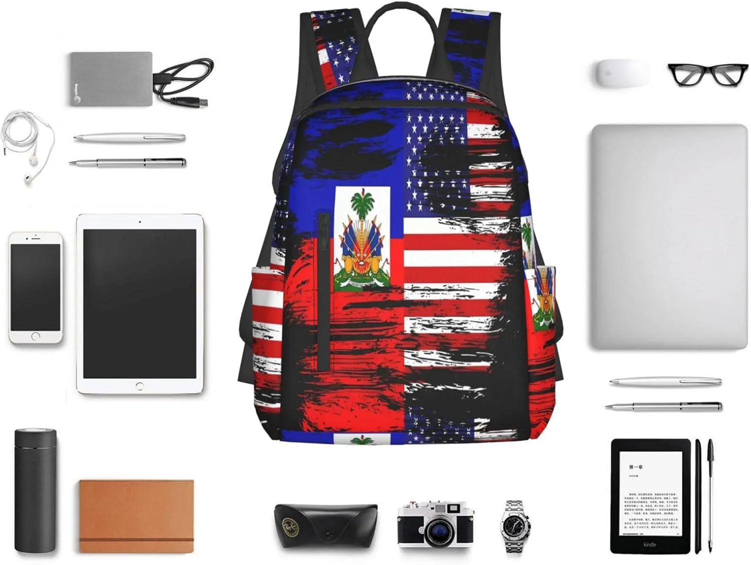 Haiti Haitian American Flag Casual Backpacks Large Capacity Laptop Backpack Sports Fitness Rucksack Travel Carry-On Daypack Work Bag for Outdoor Camping