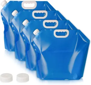 Hakkin Collapsible Water Tank Container 4 Pack 1.3 Gallon/5L, No-Leak Freezable Portable BPA Free Food Grade Plastic Storage Jug for Camping, Hiking, Travel, Emergency Survival Kit Bonus 2 Pcs Caps