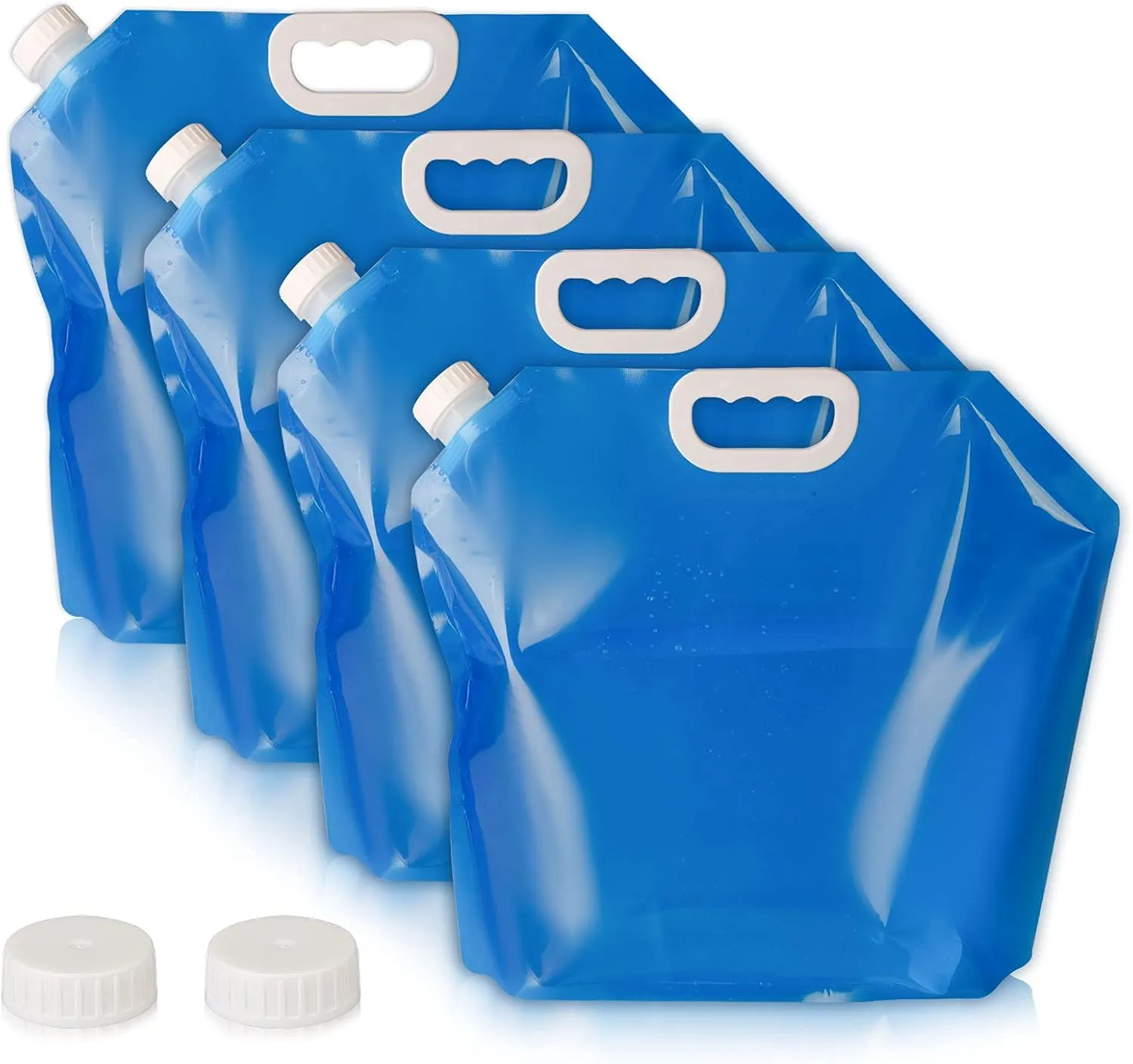 Hakkin Collapsible Water Tank Container 4 Pack 1.3 Gallon/5L, No-Leak Freezable Portable BPA Free Food Grade Plastic Storage Jug for Camping, Hiking, Travel, Emergency Survival Kit Bonus 2 Pcs Caps