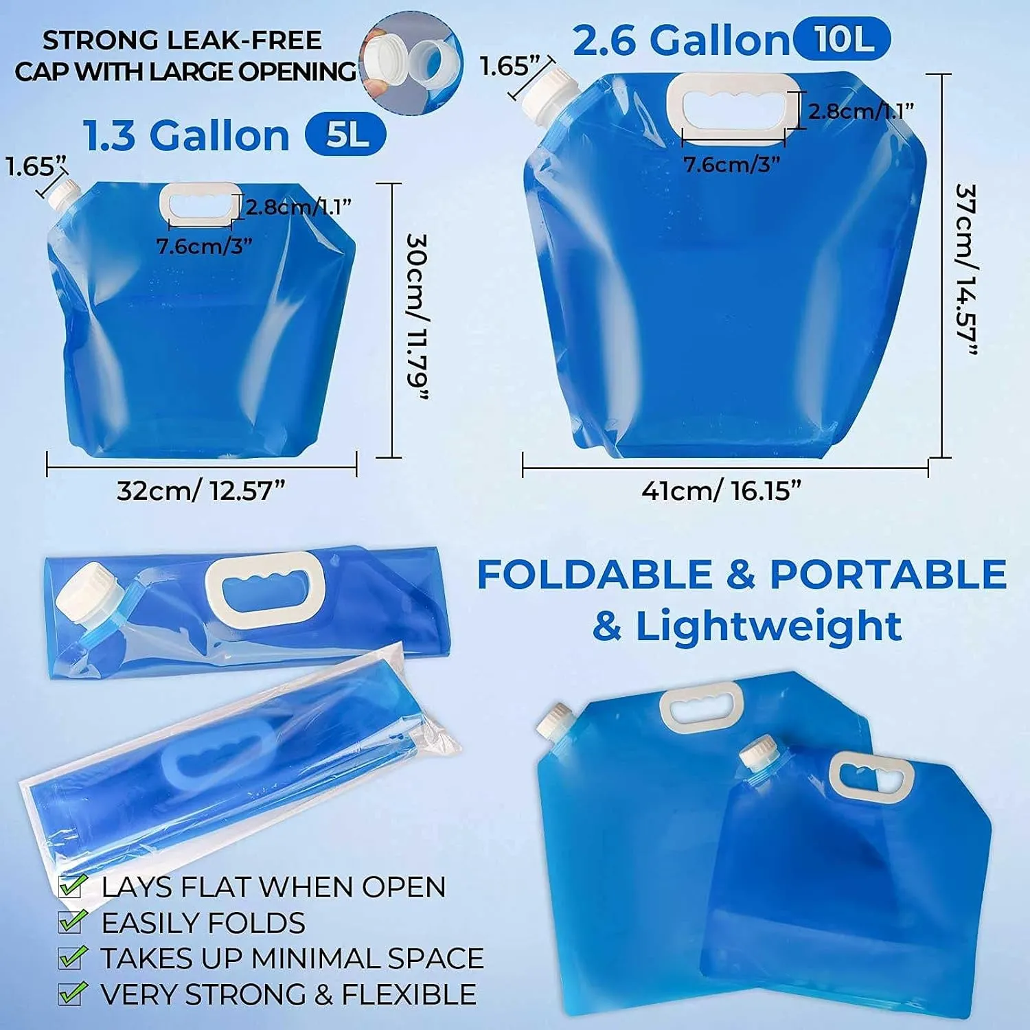 Hakkin Collapsible Water Tank Container 4 Pack 1.3 Gallon/5L, No-Leak Freezable Portable BPA Free Food Grade Plastic Storage Jug for Camping, Hiking, Travel, Emergency Survival Kit Bonus 2 Pcs Caps